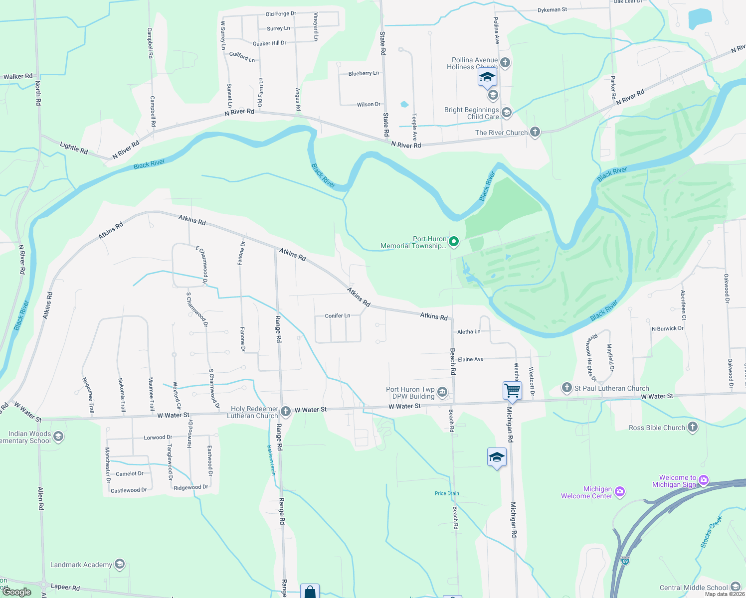 map of restaurants, bars, coffee shops, grocery stores, and more near 4216 Atkins Rd in Port Huron Township