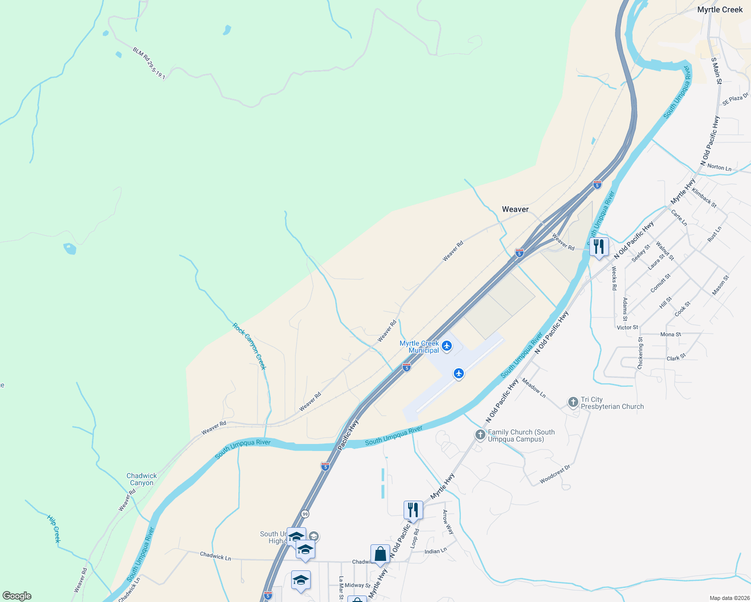 map of restaurants, bars, coffee shops, grocery stores, and more near 777 Weaver Road in Myrtle Creek