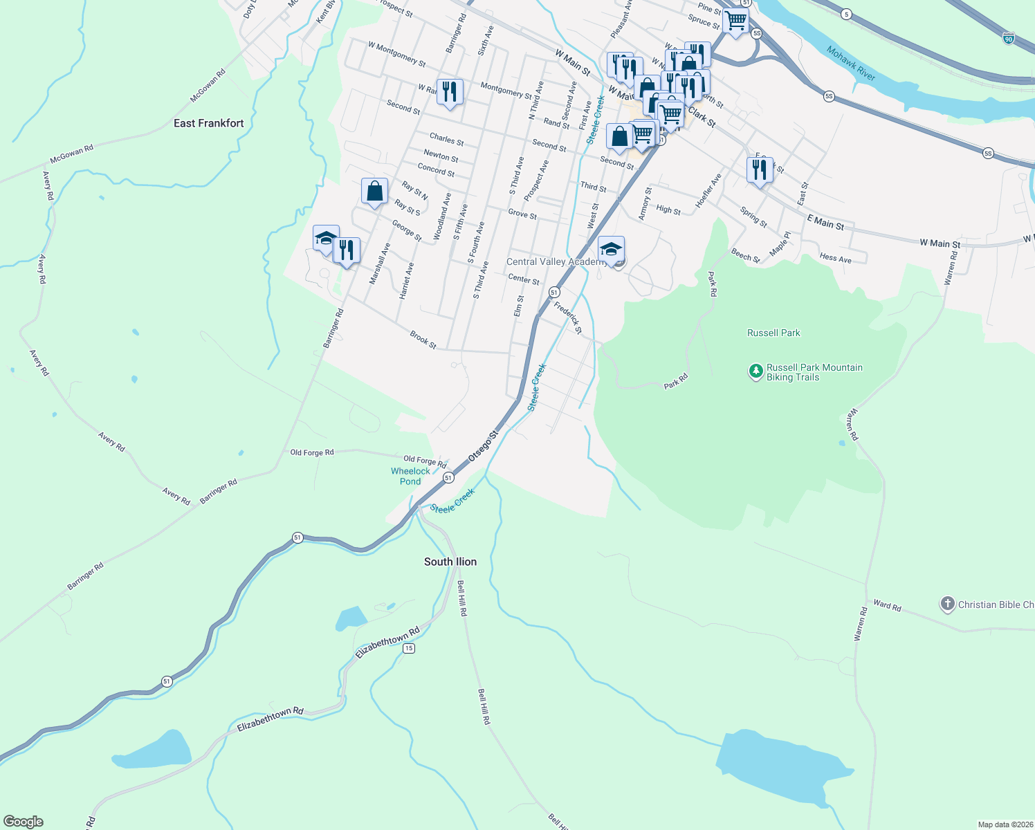 map of restaurants, bars, coffee shops, grocery stores, and more near 429 Otsego Street in Ilion