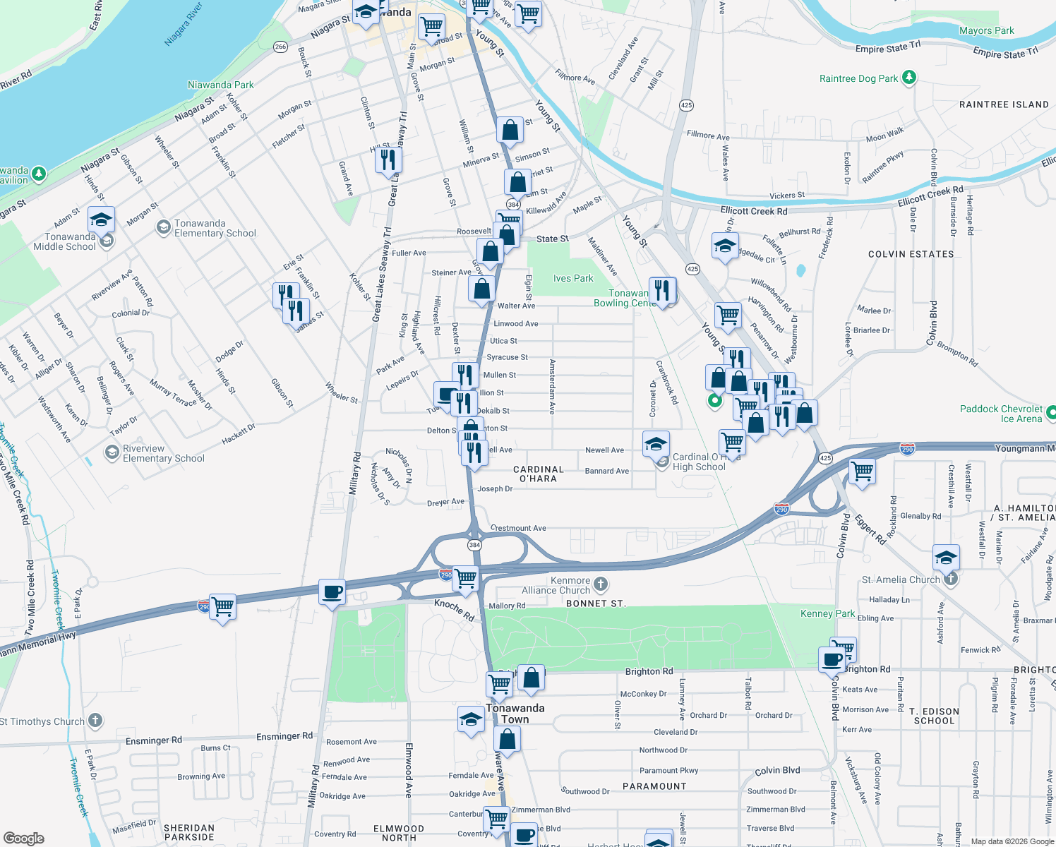 map of restaurants, bars, coffee shops, grocery stores, and more near 95 Canton St in Tonawanda