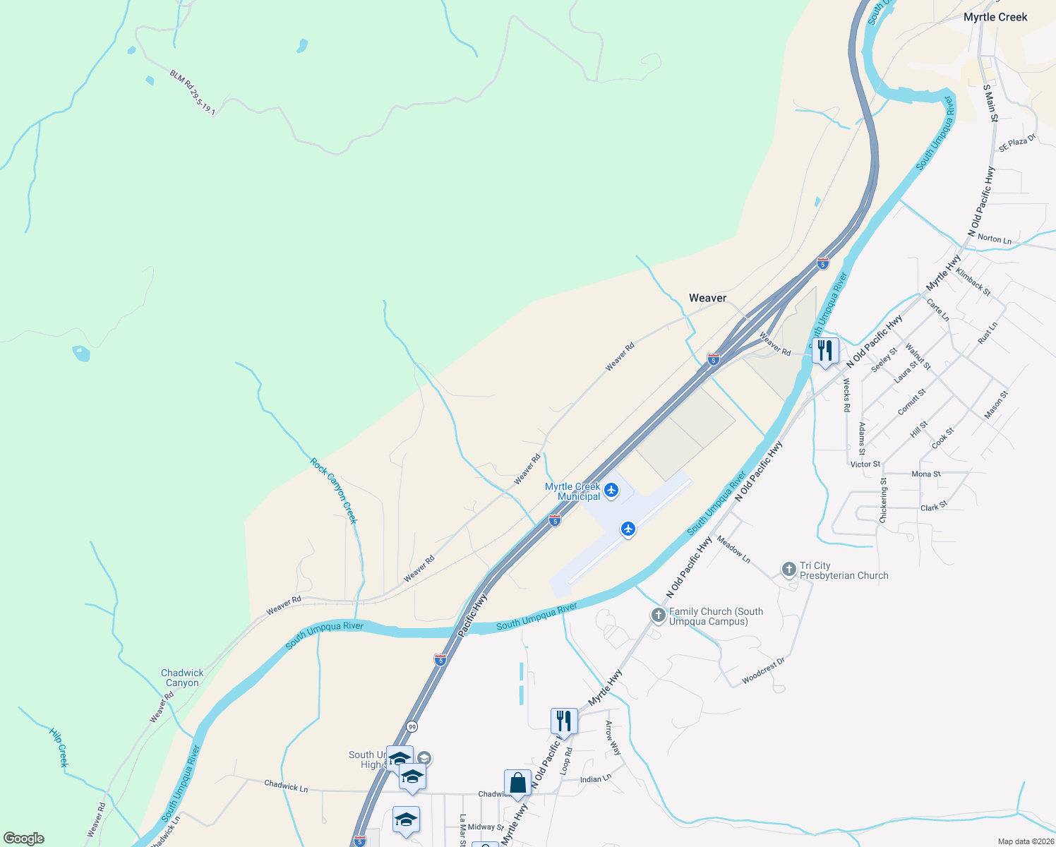 map of restaurants, bars, coffee shops, grocery stores, and more near 777 Weaver Road in Myrtle Creek
