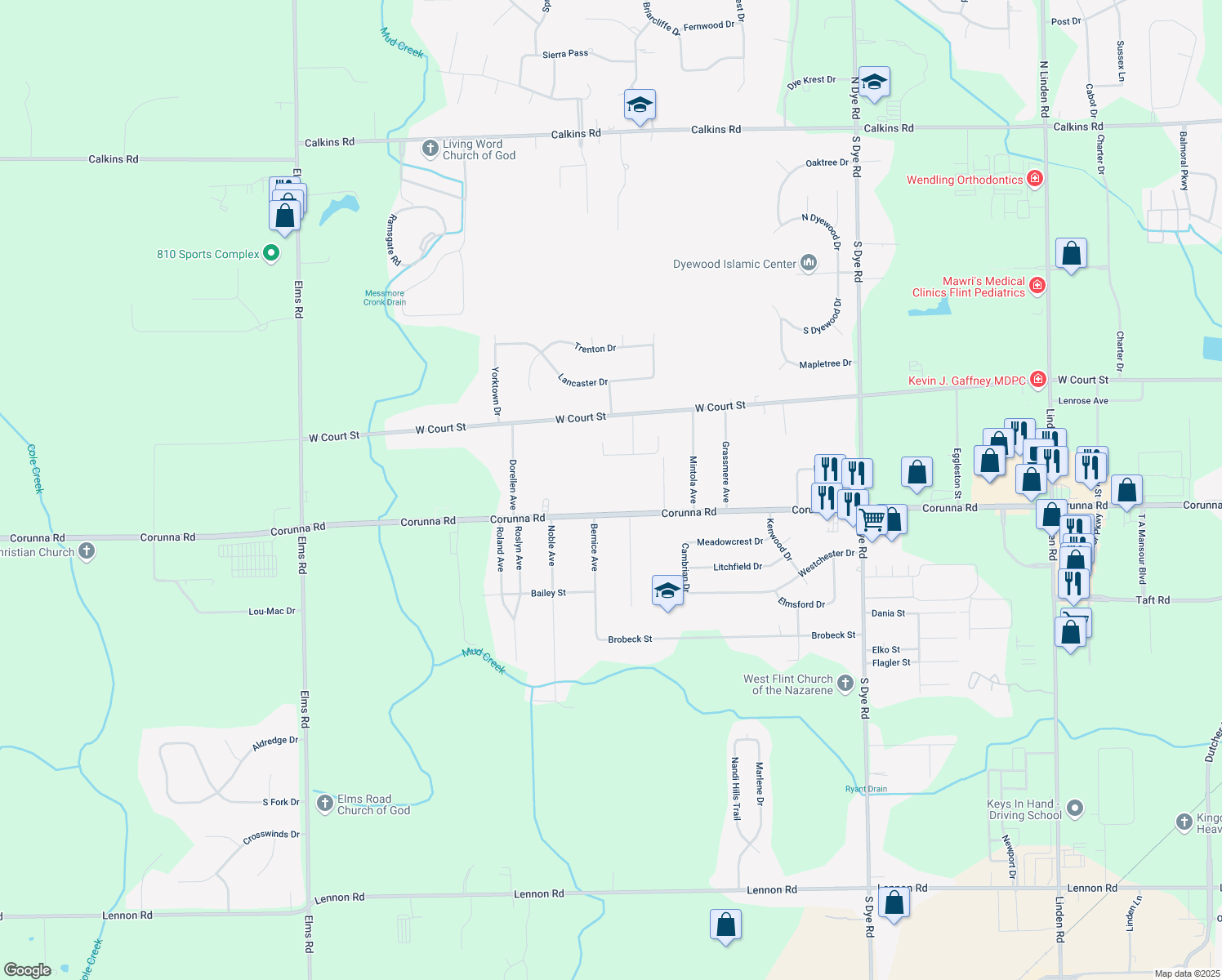 map of restaurants, bars, coffee shops, grocery stores, and more near 6084 Corunna Road in Flint