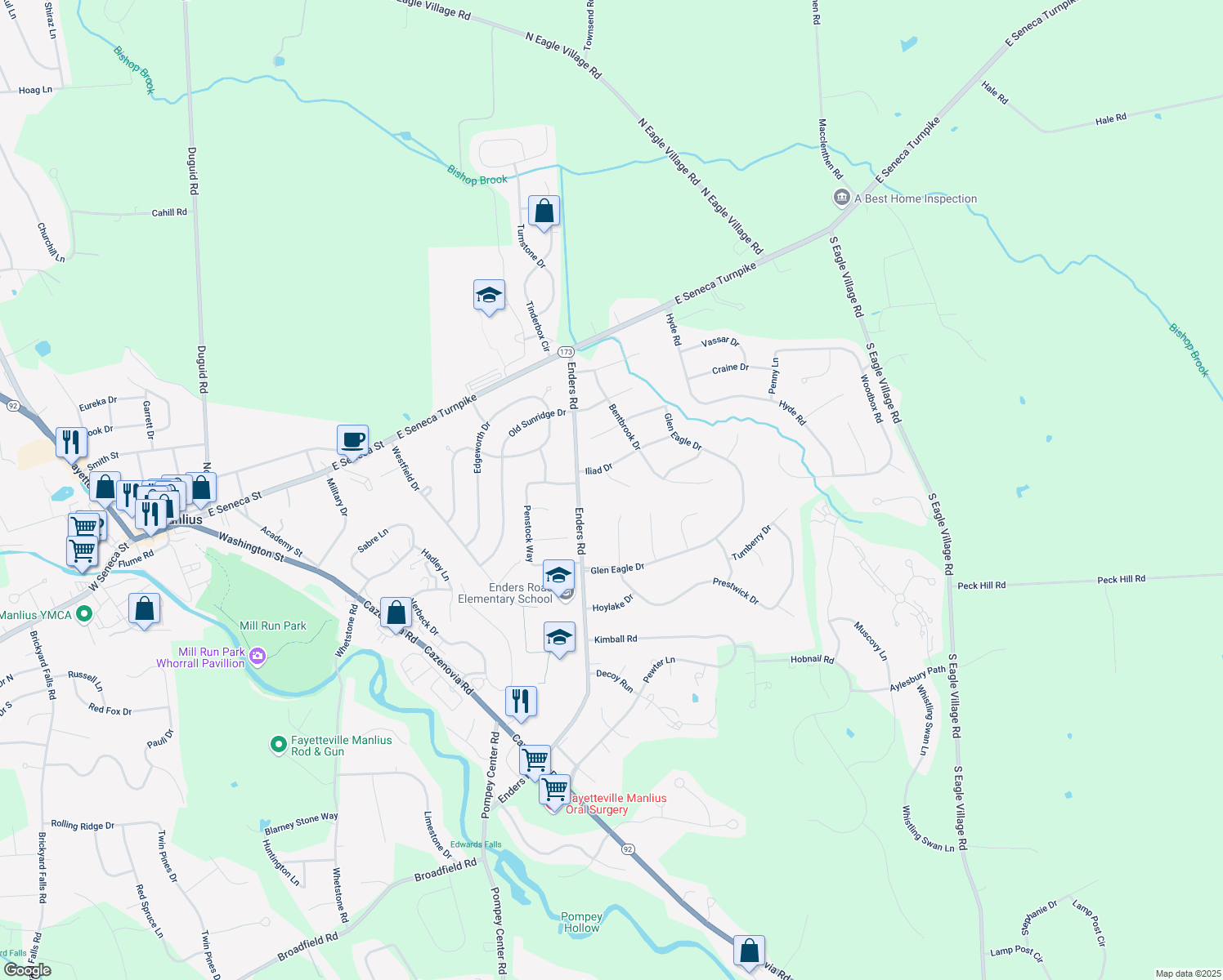 map of restaurants, bars, coffee shops, grocery stores, and more near 8266 Thimblerock Circle in Manlius