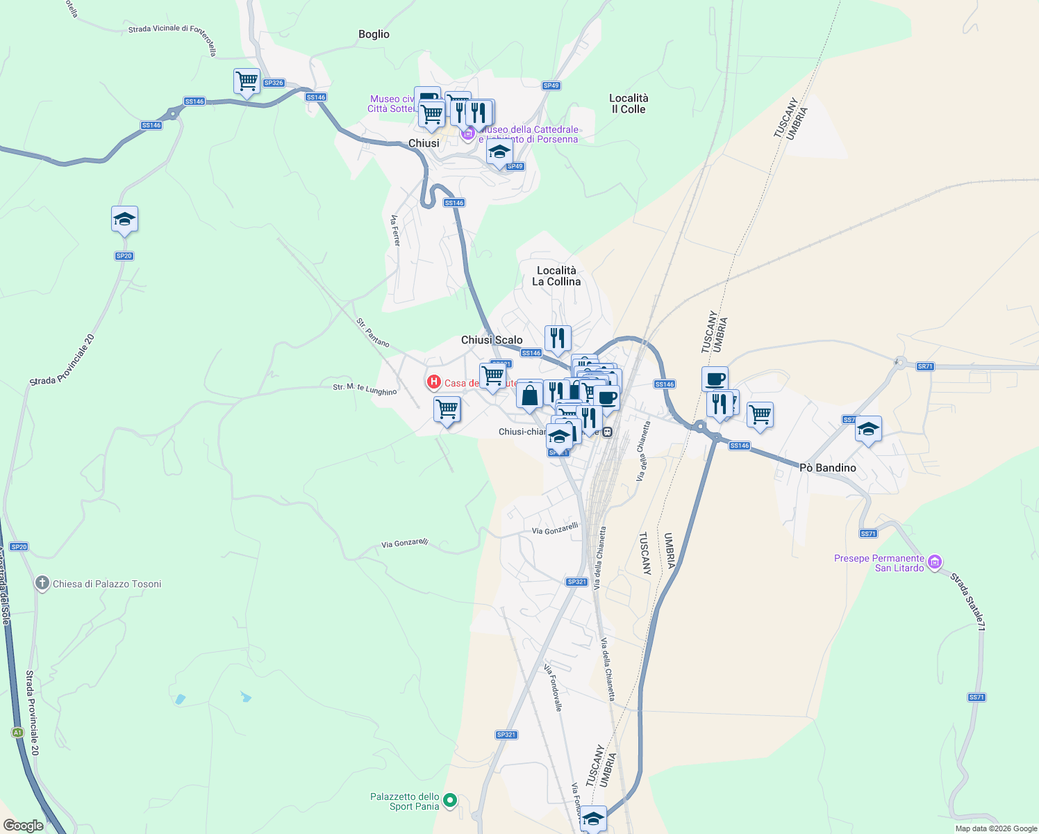 map of restaurants, bars, coffee shops, grocery stores, and more near 16 Piazza XXVI Giugno 1944 in Chiusi Scalo
