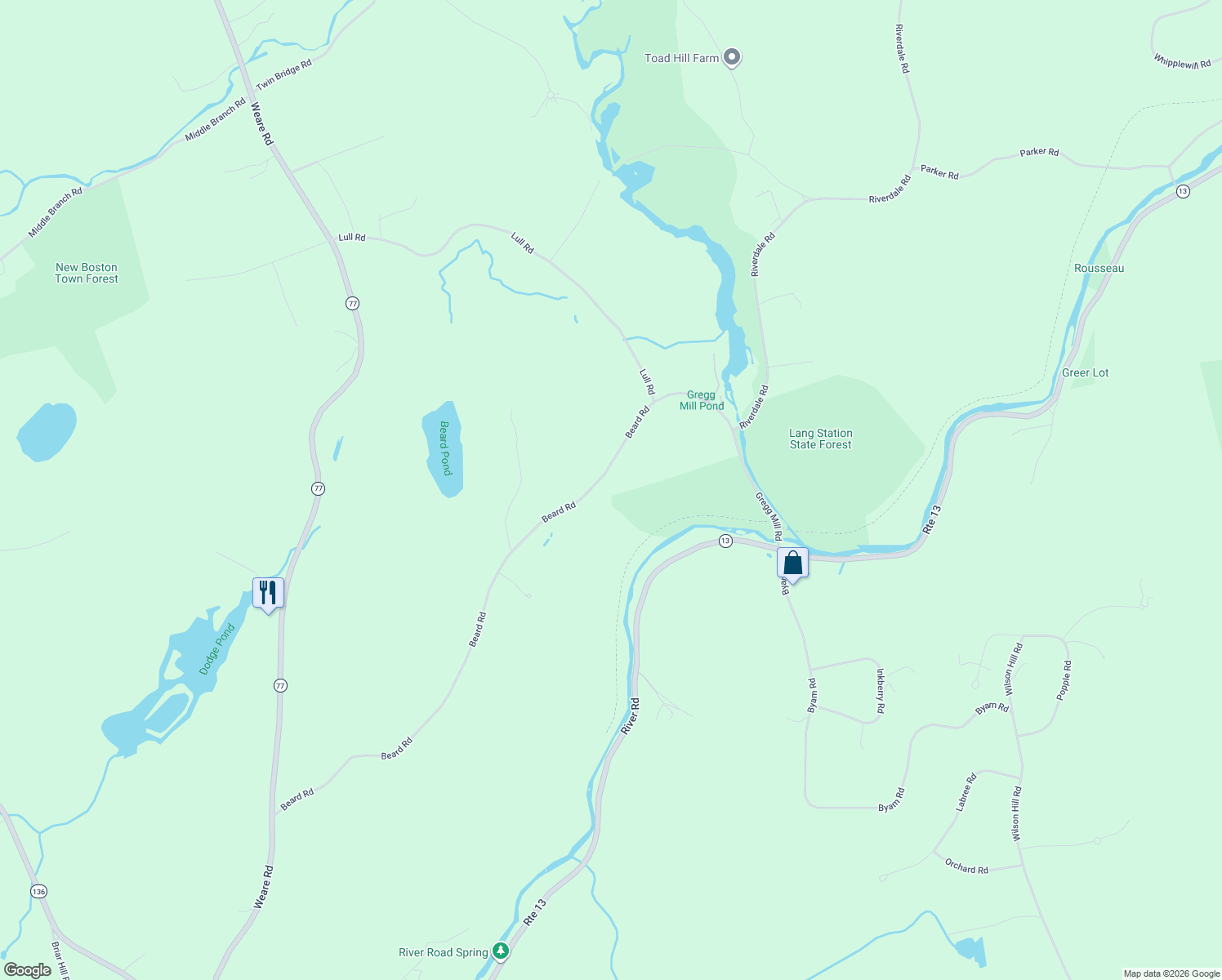 map of restaurants, bars, coffee shops, grocery stores, and more near 47 Beard Road in New Boston