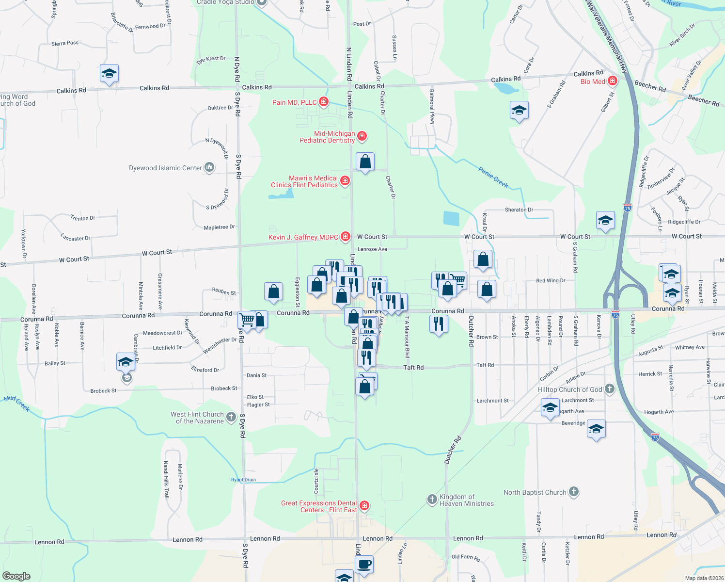 map of restaurants, bars, coffee shops, grocery stores, and more near 1471 Linden Court in Flint
