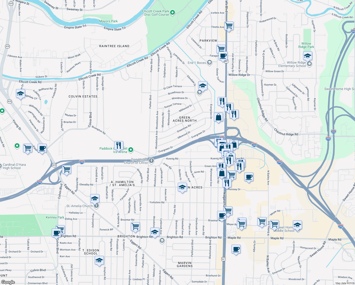 map of restaurants, bars, coffee shops, grocery stores, and more near 114 Evergreen Dr in Tonawanda