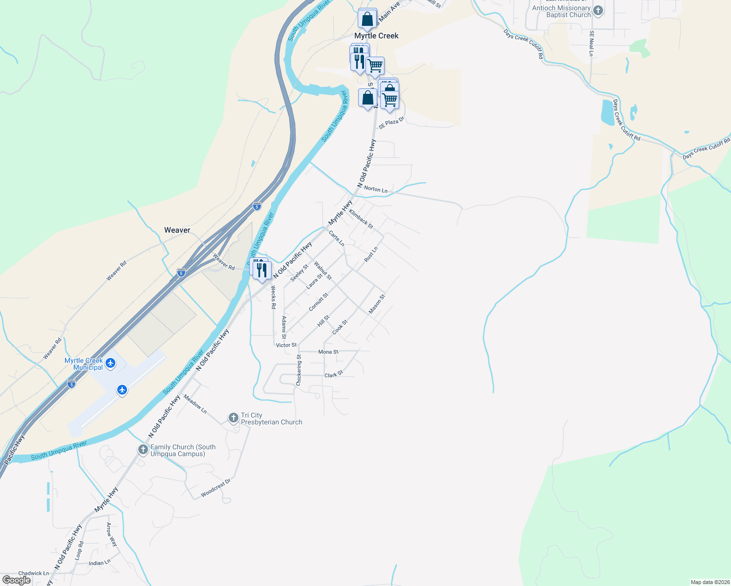 map of restaurants, bars, coffee shops, grocery stores, and more near 1097 Cook Street in Myrtle Creek