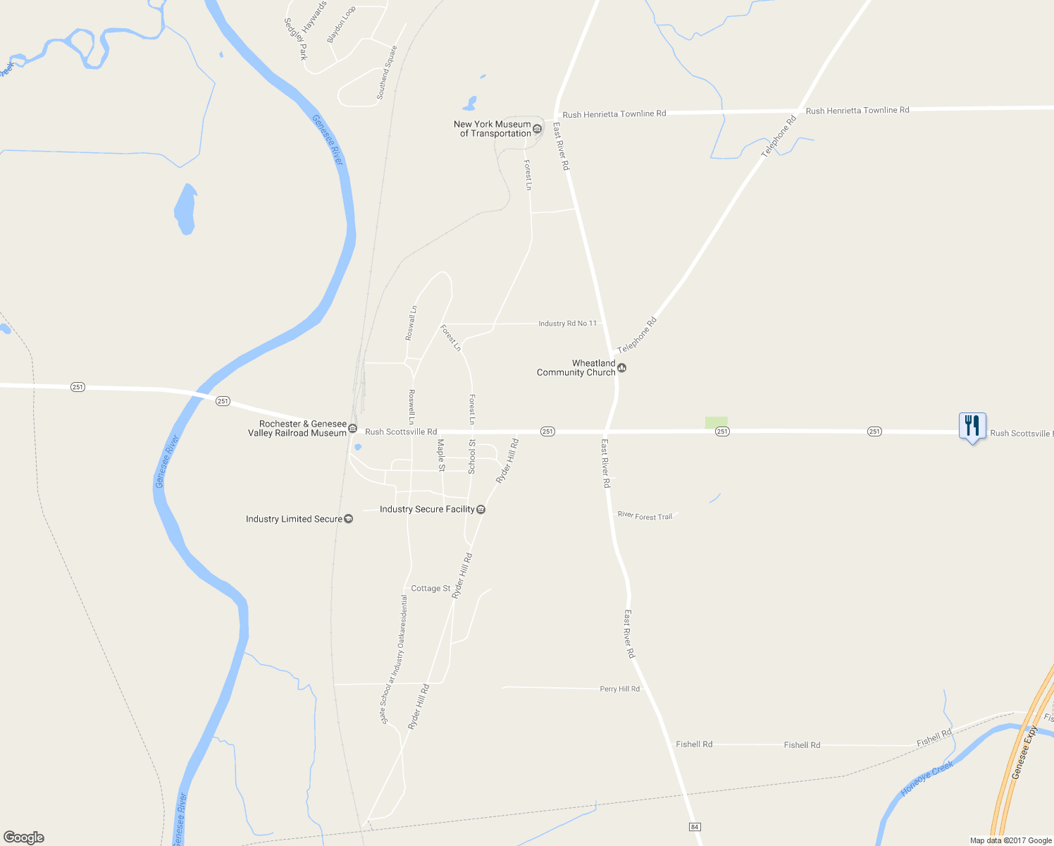 map of restaurants, bars, coffee shops, grocery stores, and more near 430 Rush Scottsville Road in Rush