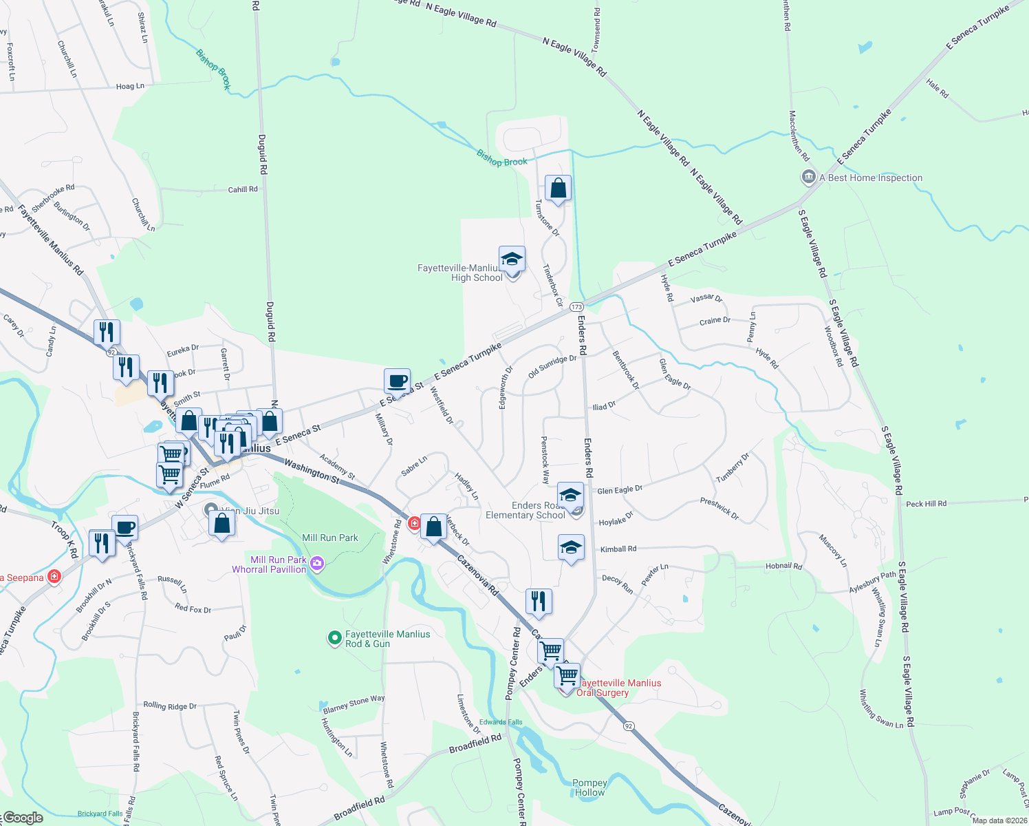 map of restaurants, bars, coffee shops, grocery stores, and more near 8173 Old Sunridge Dr in Manlius