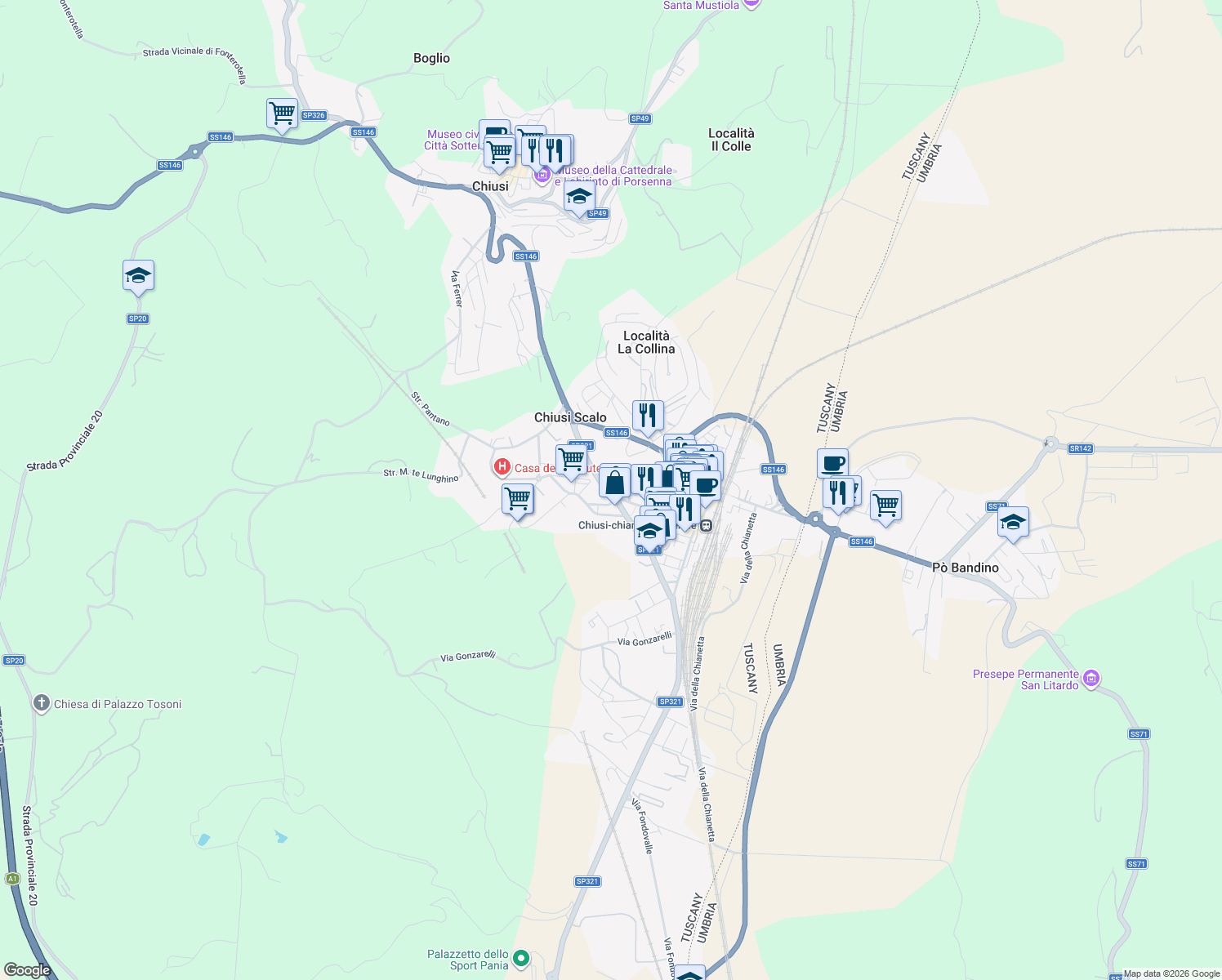 map of restaurants, bars, coffee shops, grocery stores, and more near 16 Piazza XXVI Giugno 1944 in Chiusi Scalo
