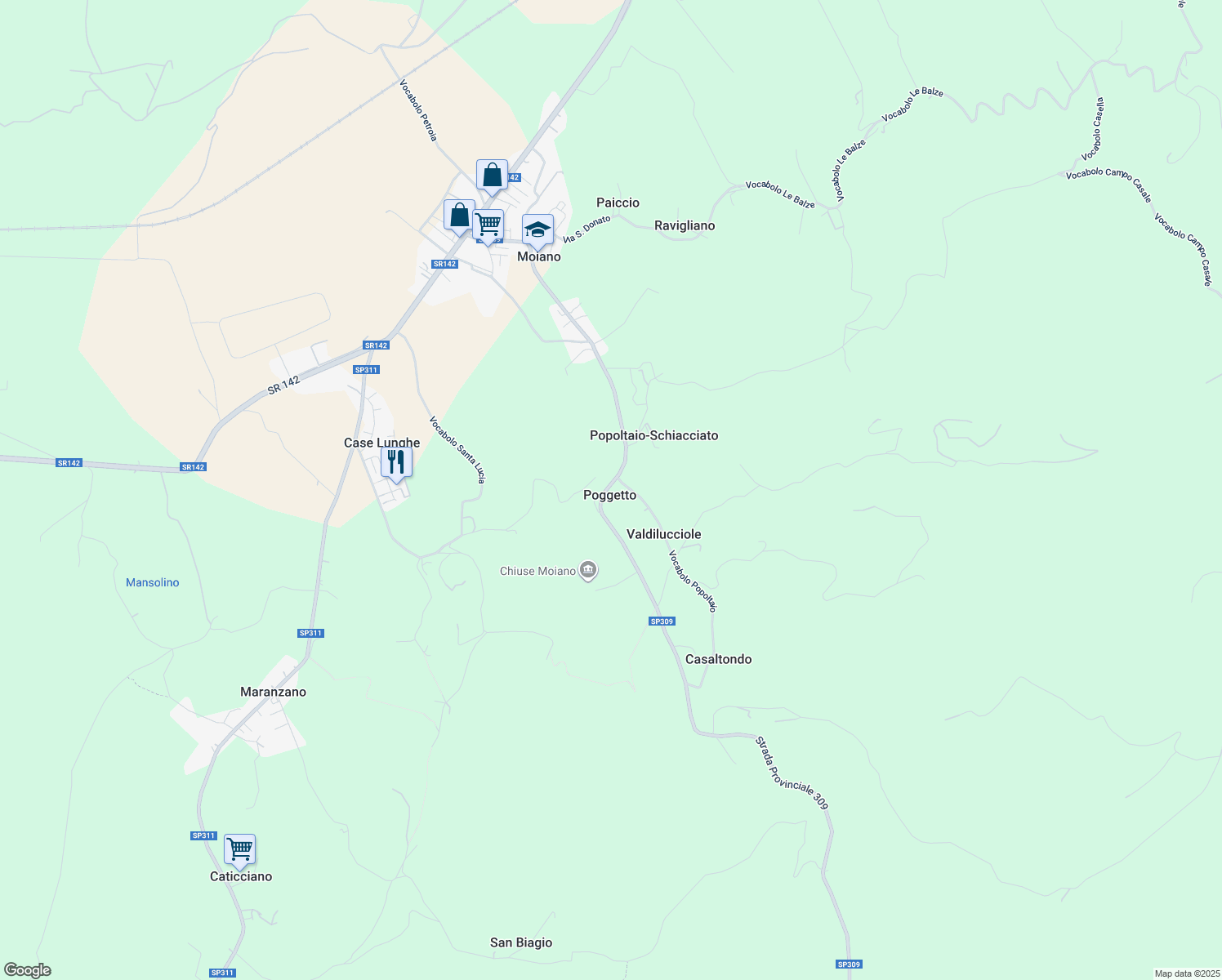 map of restaurants, bars, coffee shops, grocery stores, and more near 10 Strada Provinciale 309 in Poggetto