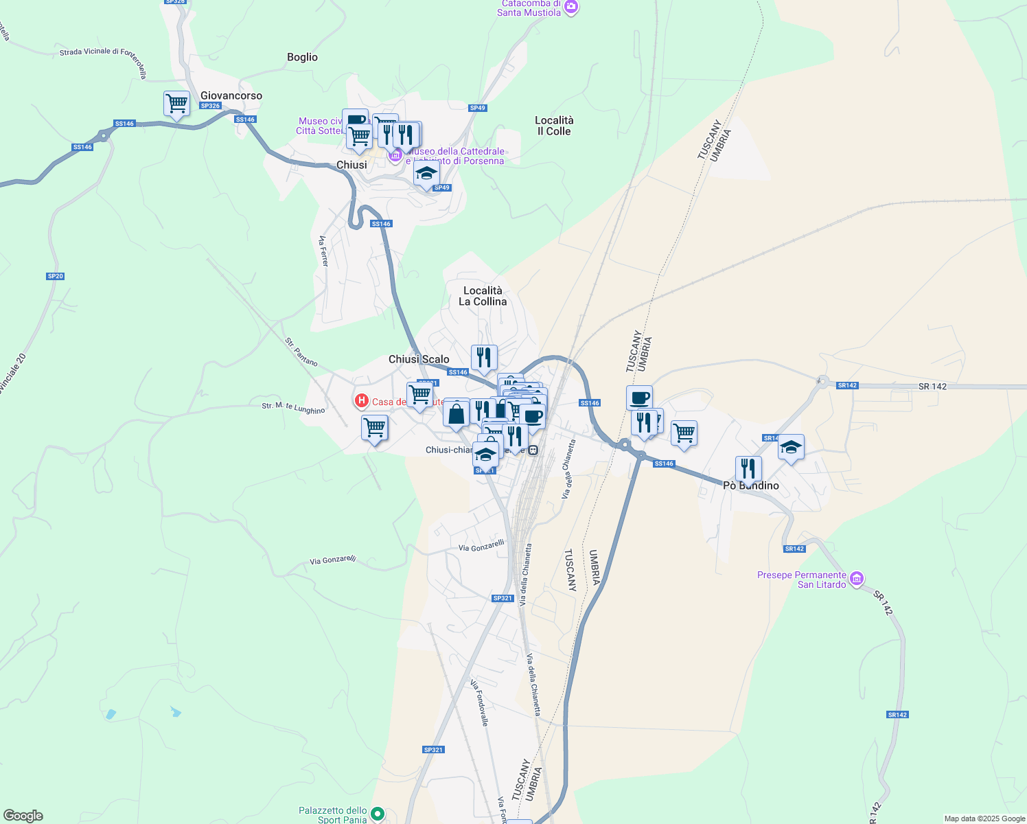 map of restaurants, bars, coffee shops, grocery stores, and more near 9 Via Galileo Galilei in Chiusi Scalo