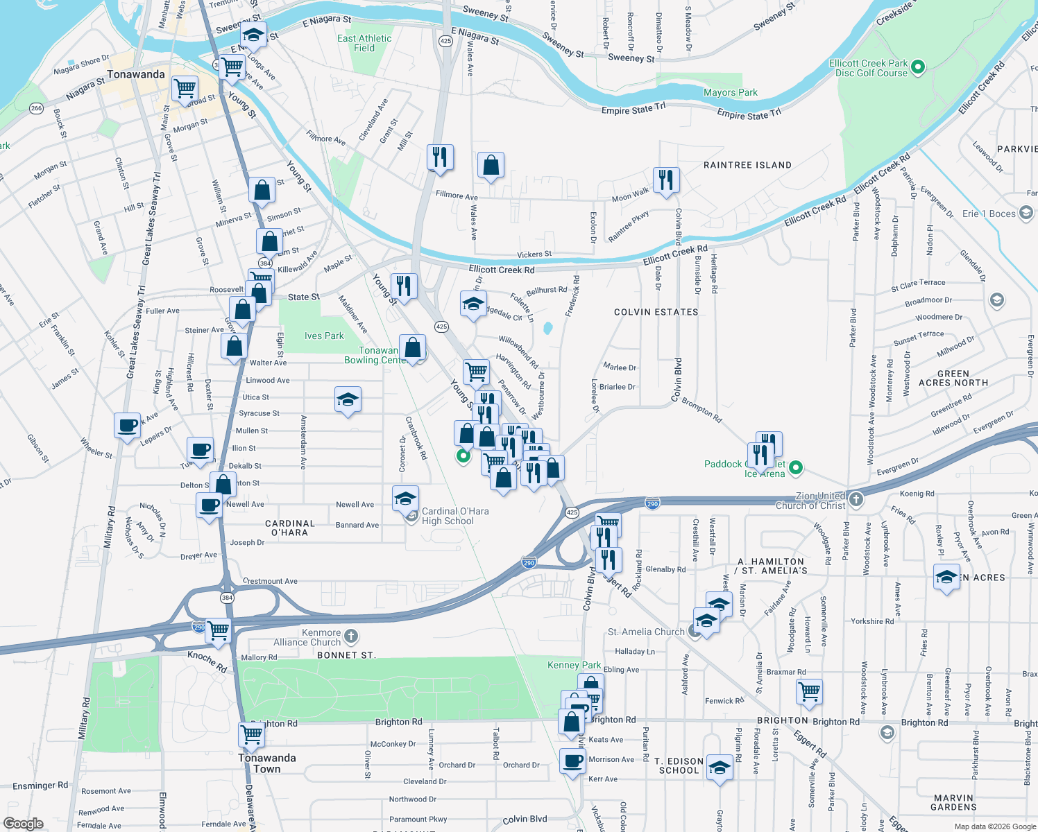 map of restaurants, bars, coffee shops, grocery stores, and more near 110 Penarrow Dr in Tonawanda