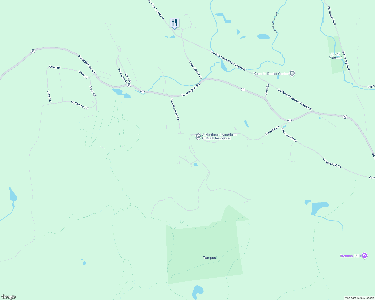 map of restaurants, bars, coffee shops, grocery stores, and more near 35 East Road in Francestown
