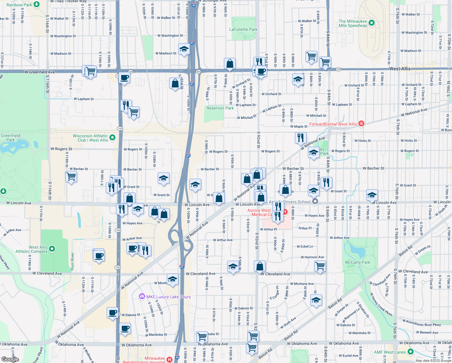 map of restaurants, bars, coffee shops, grocery stores, and more near 2144 South 96th Street in West Allis