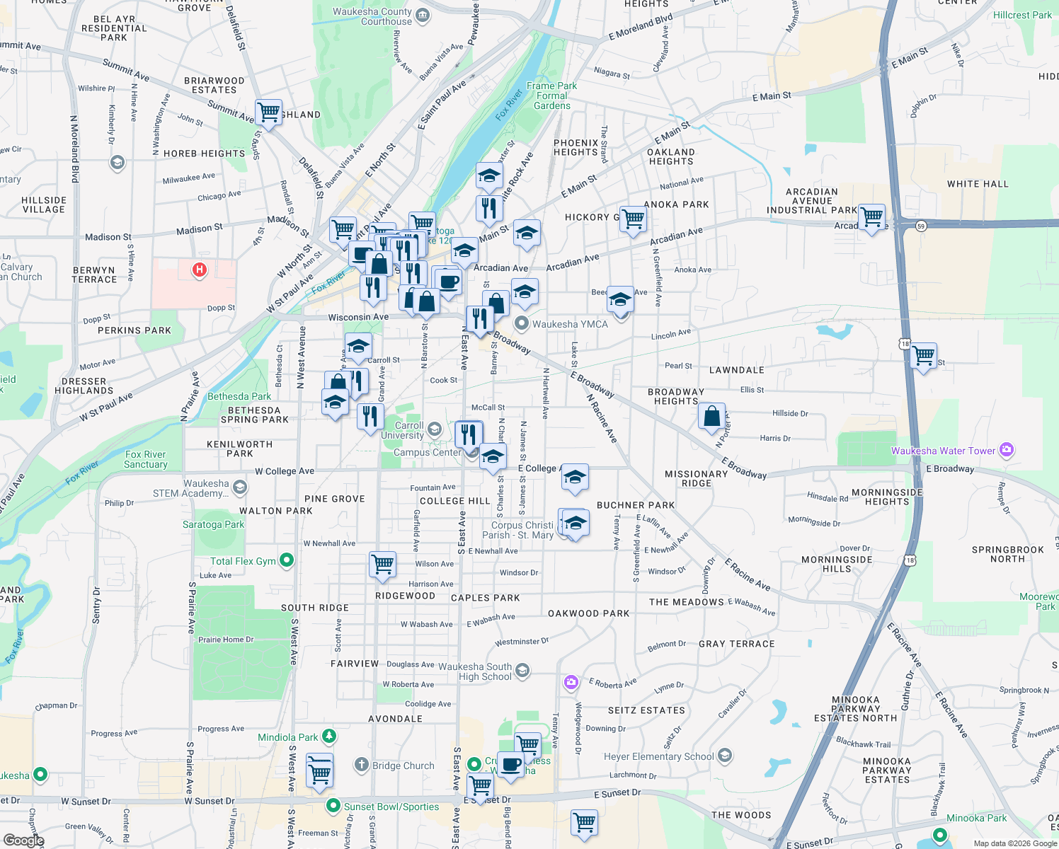 map of restaurants, bars, coffee shops, grocery stores, and more near 227 N James St in Waukesha