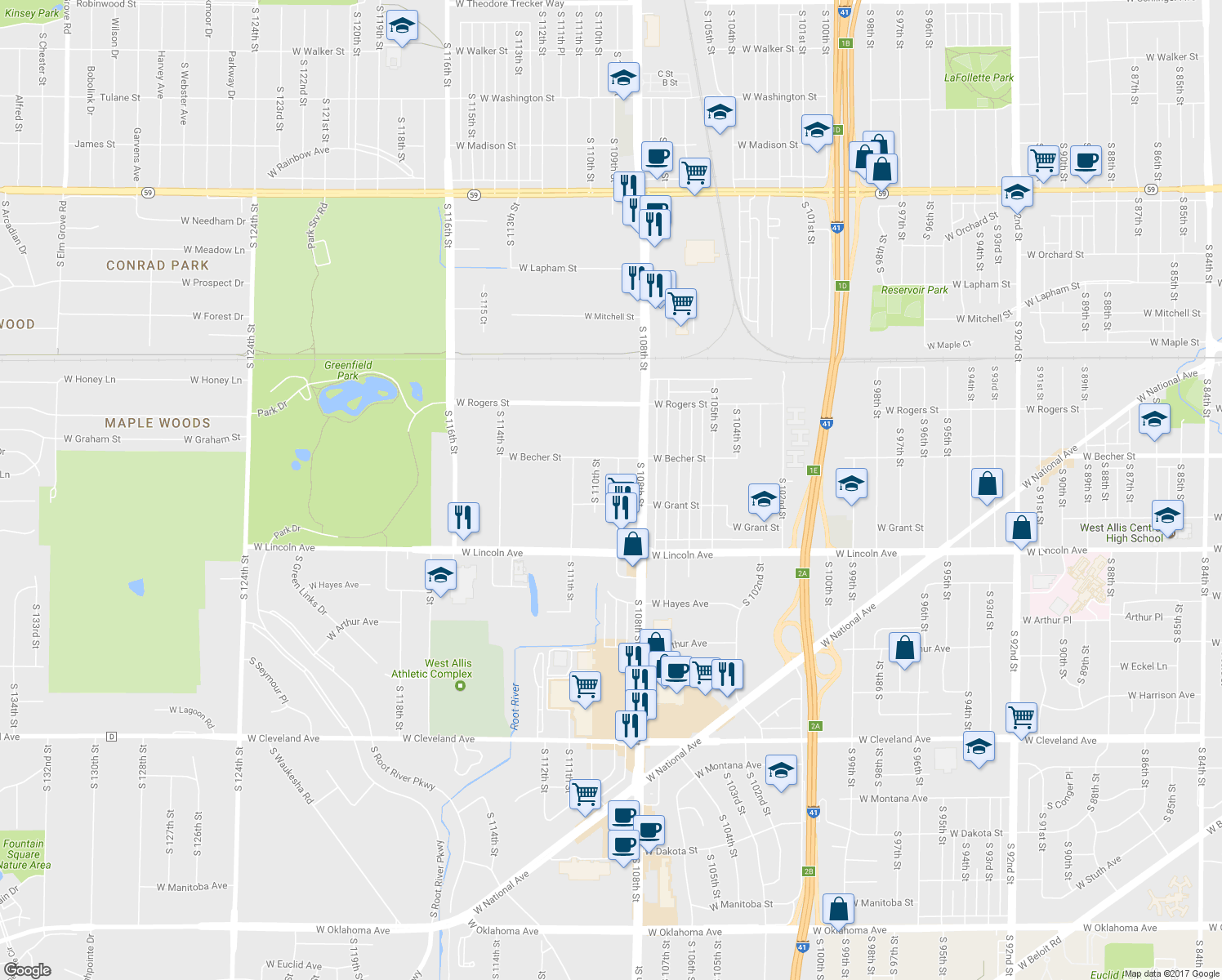 map of restaurants, bars, coffee shops, grocery stores, and more near 2157 South 109th Street in West Allis
