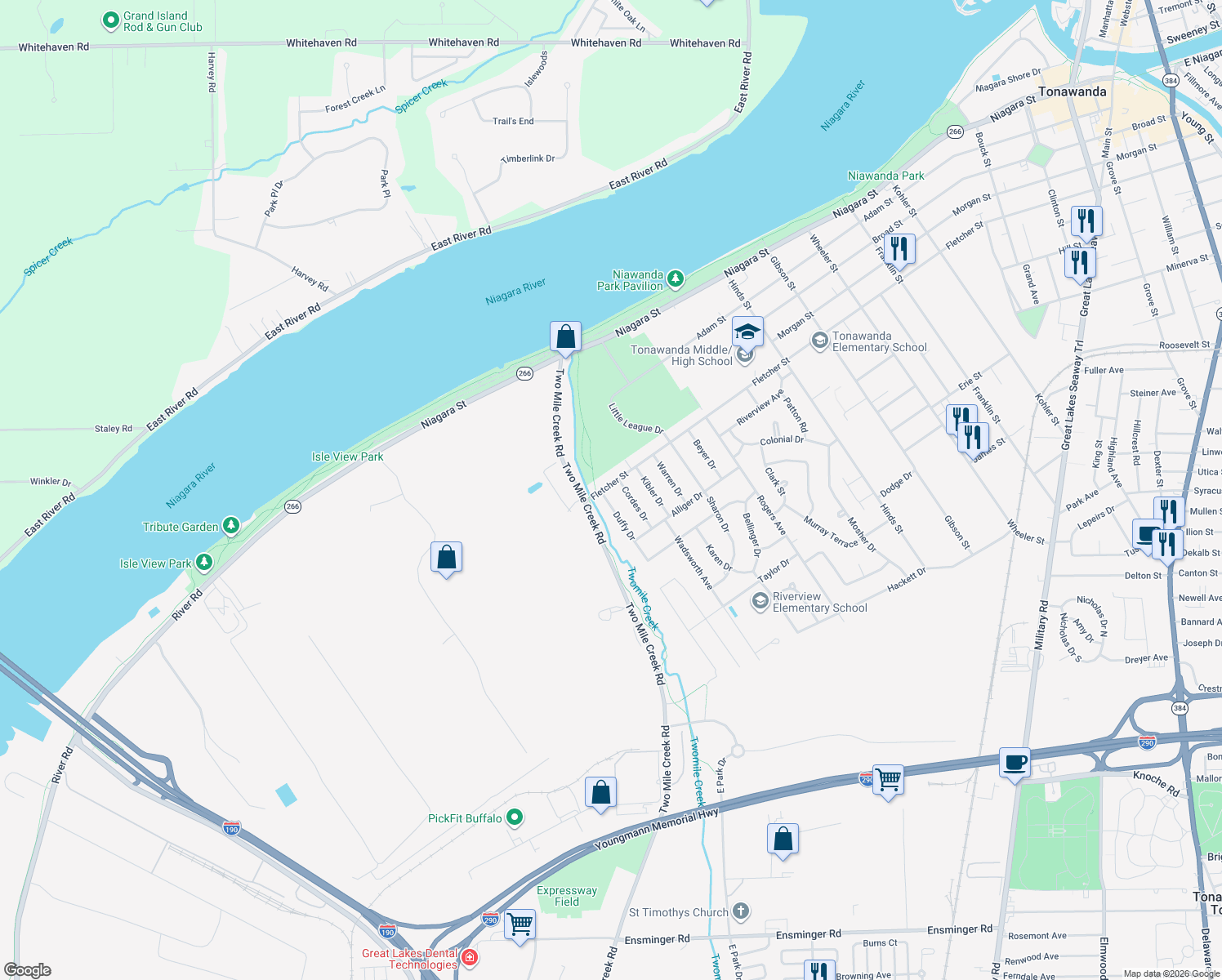 map of restaurants, bars, coffee shops, grocery stores, and more near 779 Fletcher Street in Tonawanda