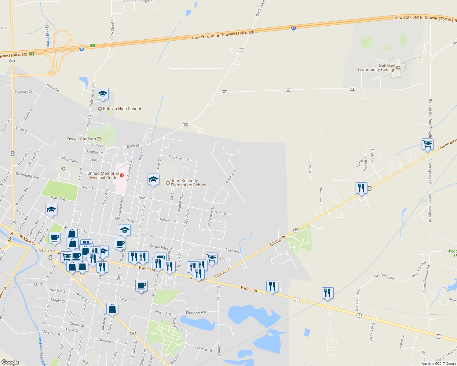 map of restaurants, bars, coffee shops, grocery stores, and more near 116 Naramore Drive in Batavia