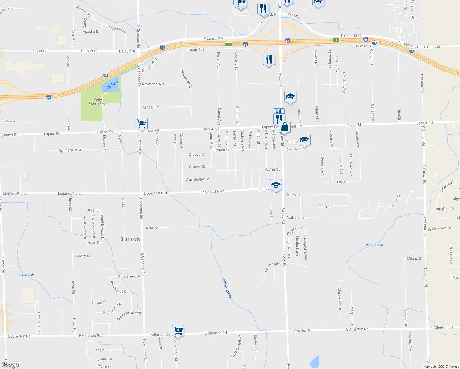 map of restaurants, bars, coffee shops, grocery stores, and more near 1501 Merle Avenue in Burton