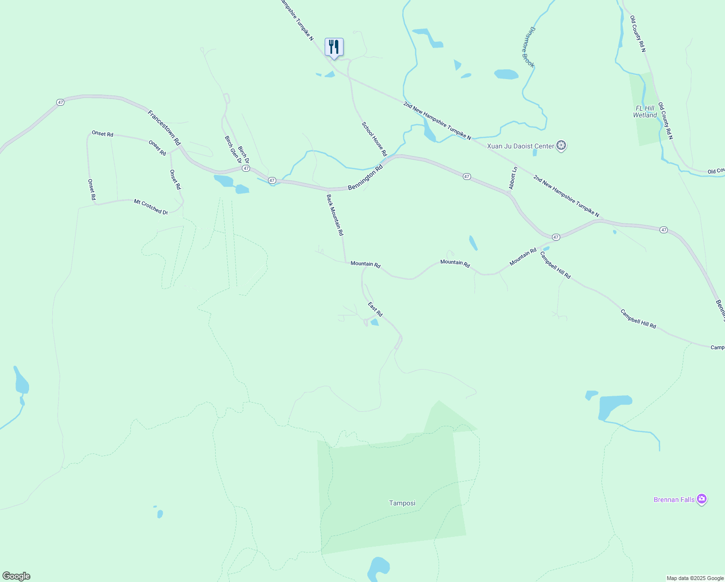 map of restaurants, bars, coffee shops, grocery stores, and more near 35 East Road in Francestown