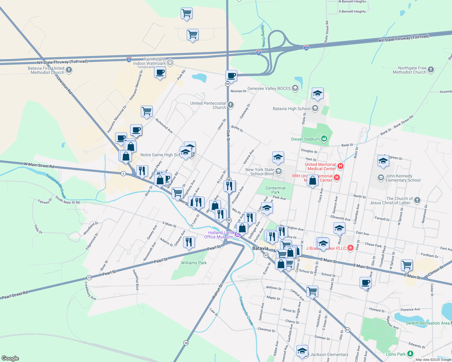 map of restaurants, bars, coffee shops, grocery stores, and more near 63 Oak Street in Batavia