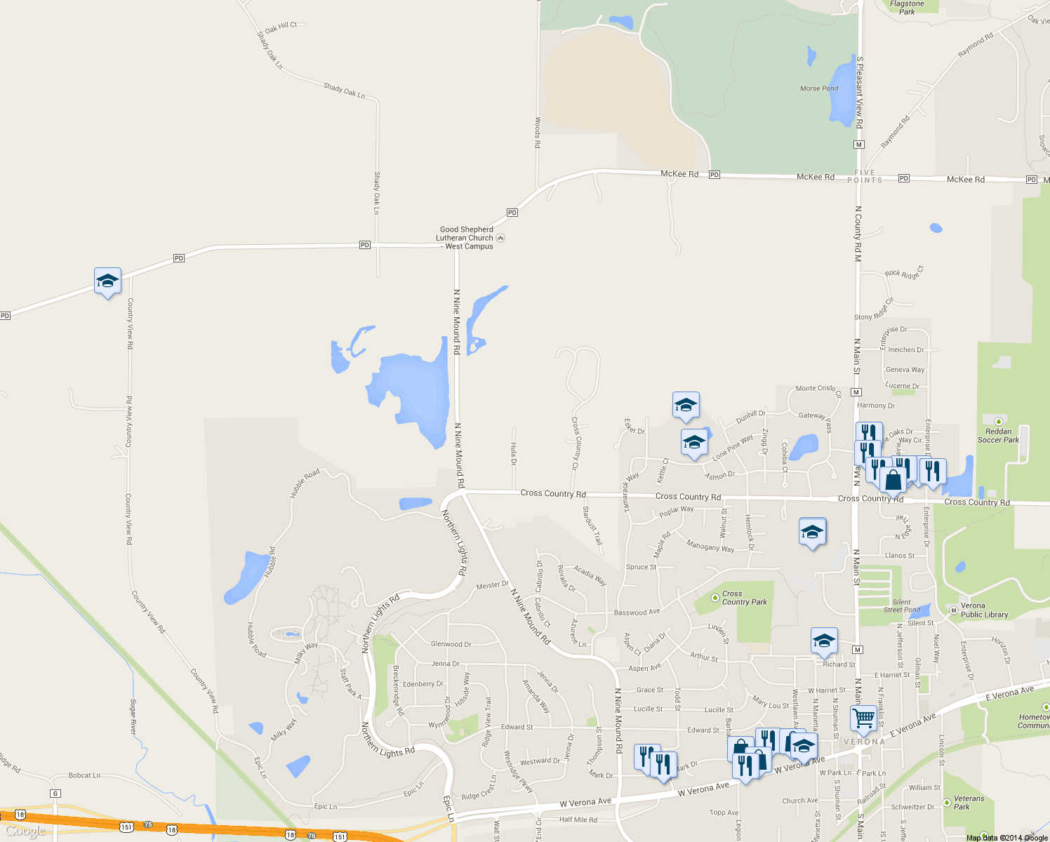 map of restaurants, bars, coffee shops, grocery stores, and more near 2754 Hula Dr in Verona