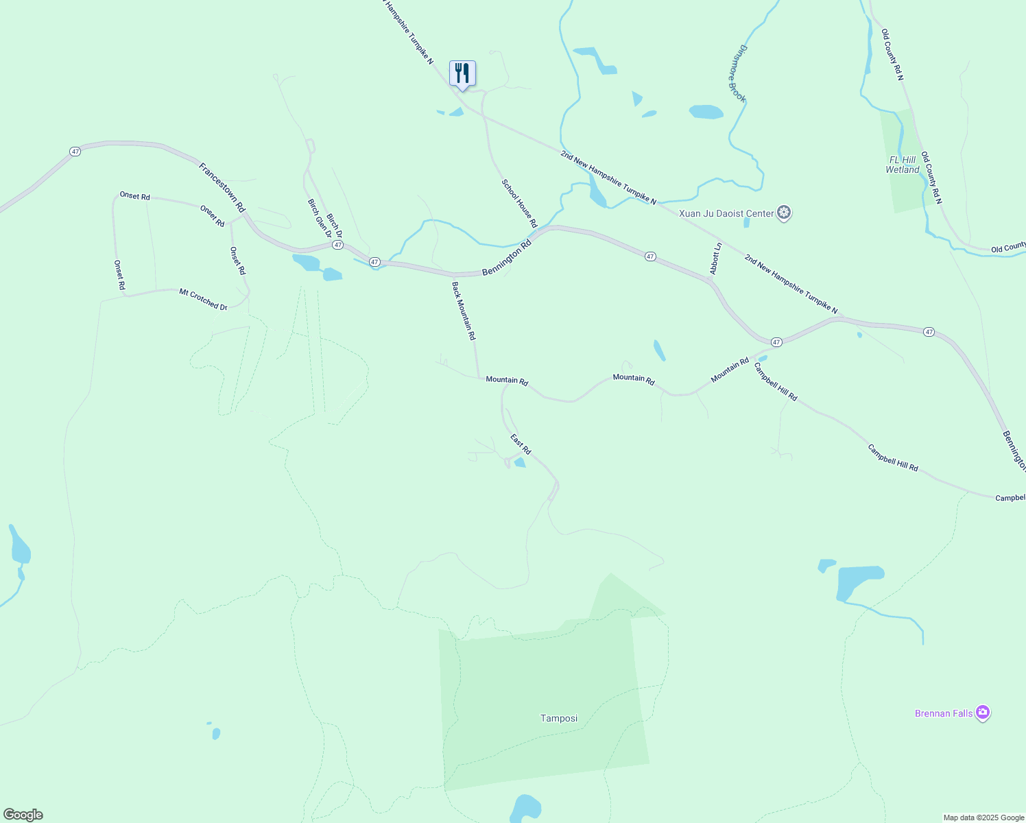 map of restaurants, bars, coffee shops, grocery stores, and more near 35 East Road in Francestown
