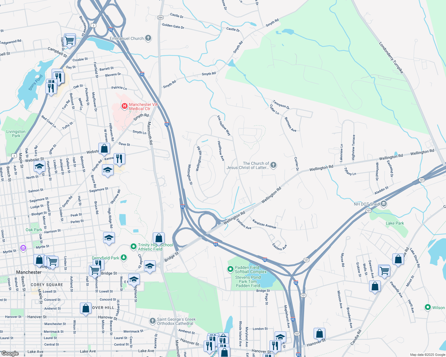 map of restaurants, bars, coffee shops, grocery stores, and more near 191 Wellington Hill Road in Manchester