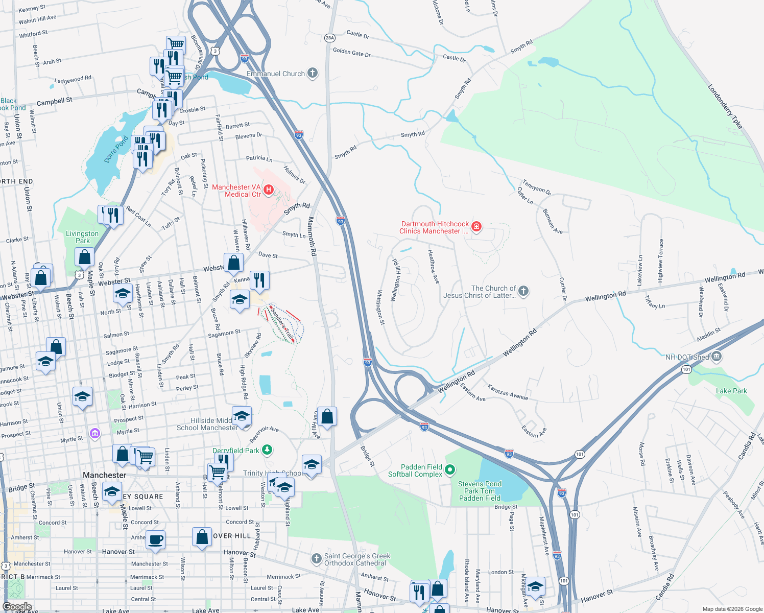 map of restaurants, bars, coffee shops, grocery stores, and more near 192 Whittington Street in Manchester