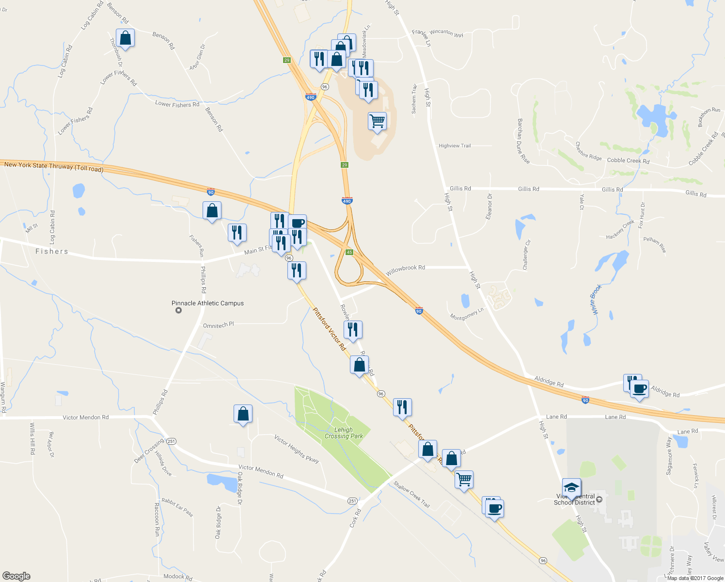 map of restaurants, bars, coffee shops, grocery stores, and more near 7401 Willowbrook Road in Victor