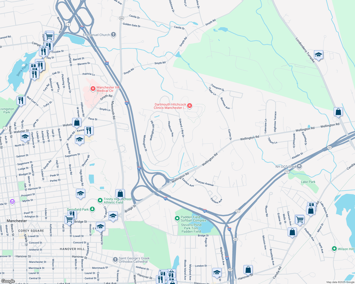 map of restaurants, bars, coffee shops, grocery stores, and more near 138 Wellington Hill Road in Manchester