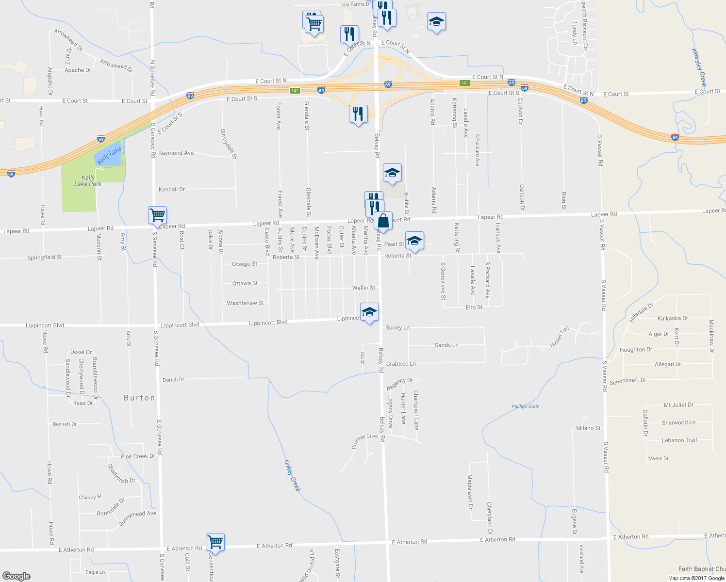 map of restaurants, bars, coffee shops, grocery stores, and more near 1458 Martha Avenue in Burton