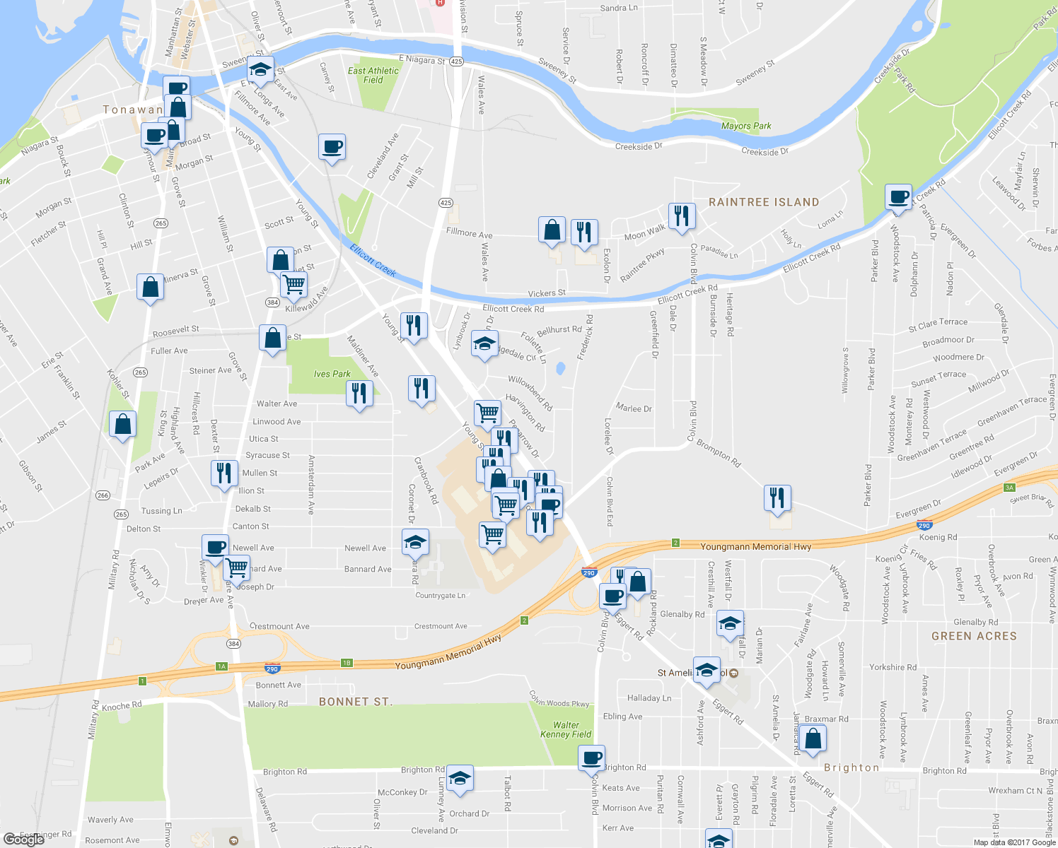 map of restaurants, bars, coffee shops, grocery stores, and more near 59 Harvington Road in Tonawanda