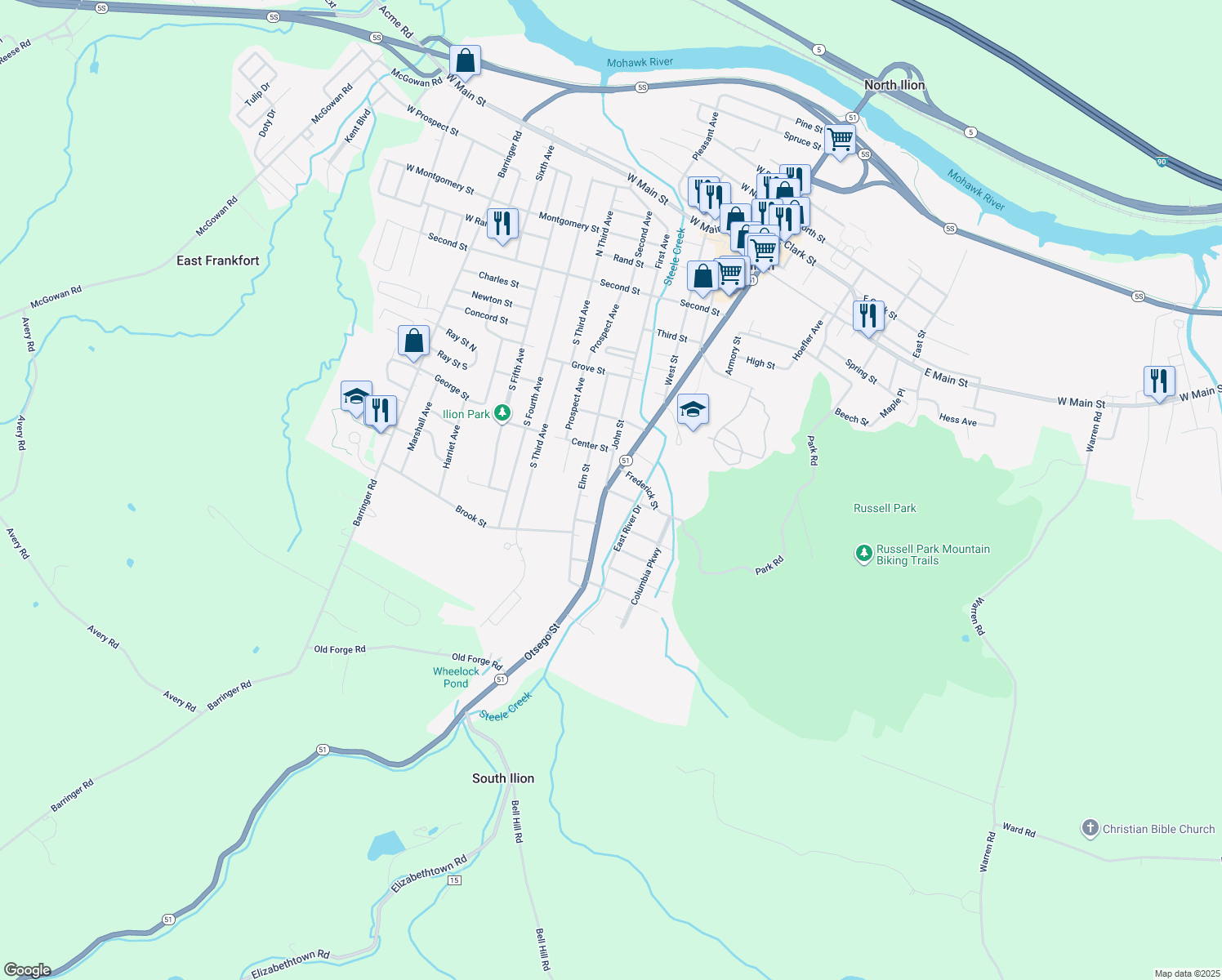 map of restaurants, bars, coffee shops, grocery stores, and more near 319 Otsego Street in Ilion