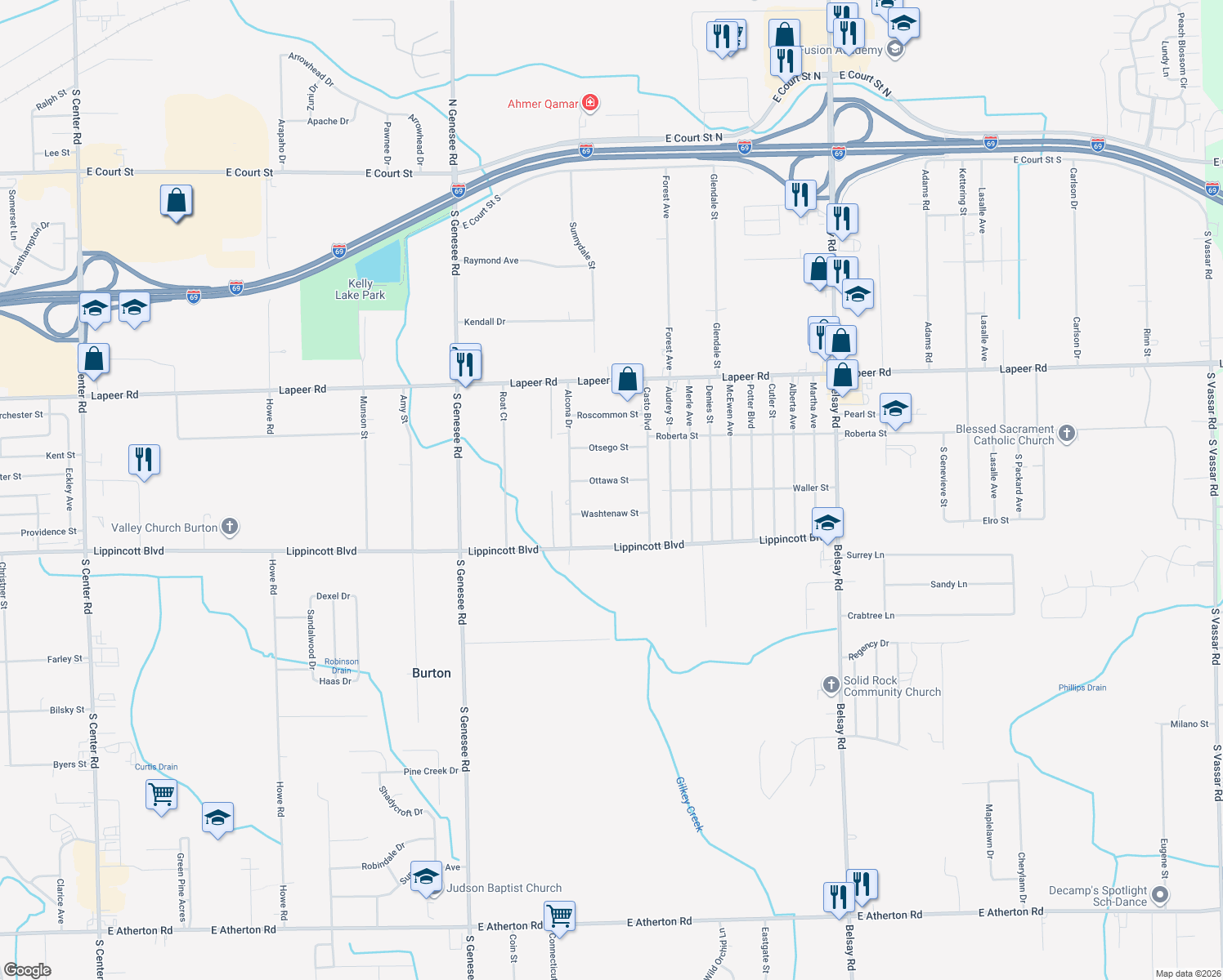 map of restaurants, bars, coffee shops, grocery stores, and more near 5216 Ottawa Street in Burton