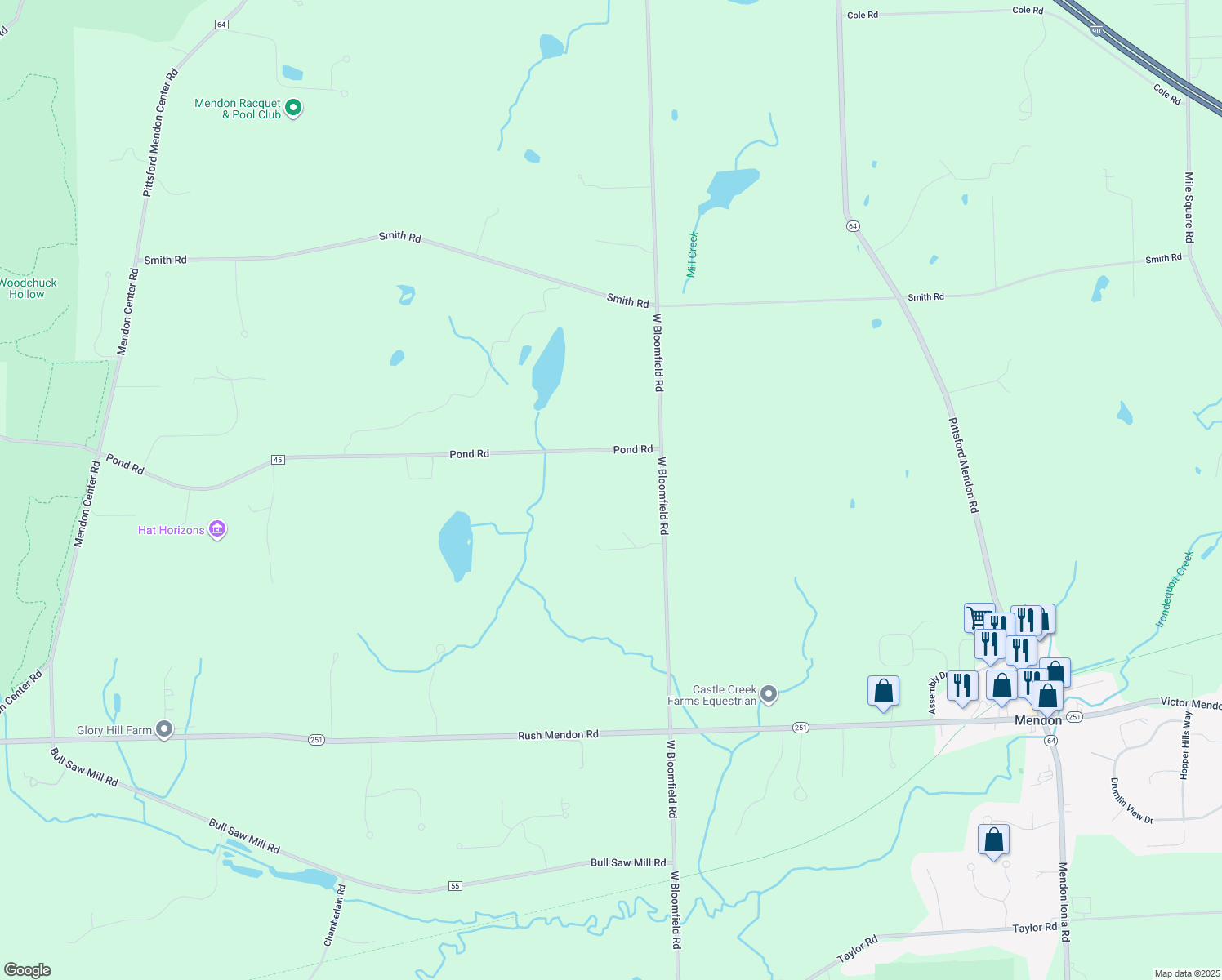 map of restaurants, bars, coffee shops, grocery stores, and more near 495 Pond Road in Honeoye Falls