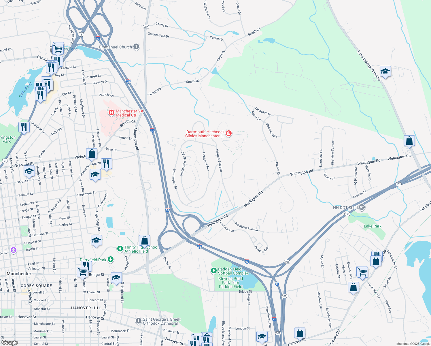 map of restaurants, bars, coffee shops, grocery stores, and more near 106 Wellington Hill Road in Manchester