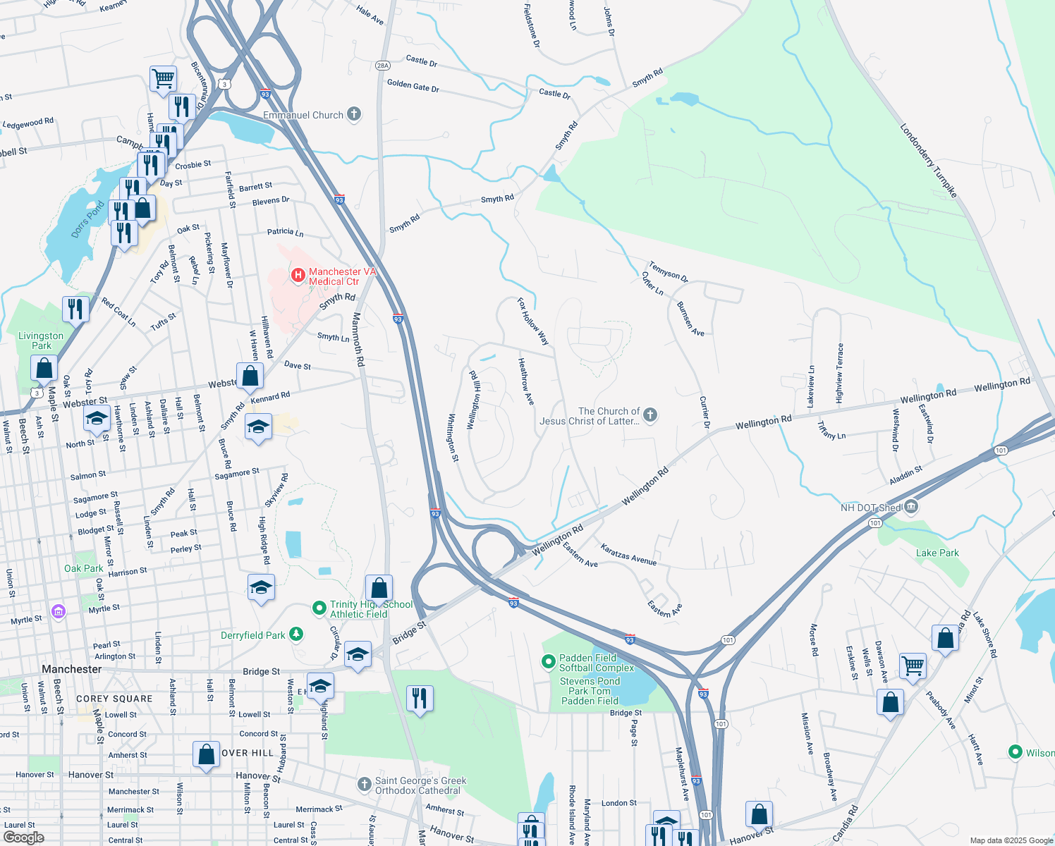 map of restaurants, bars, coffee shops, grocery stores, and more near 50 Heathrow Avenue in Manchester