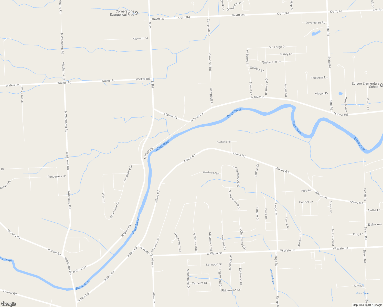 map of restaurants, bars, coffee shops, grocery stores, and more near 4590 Atkins Road in North Street