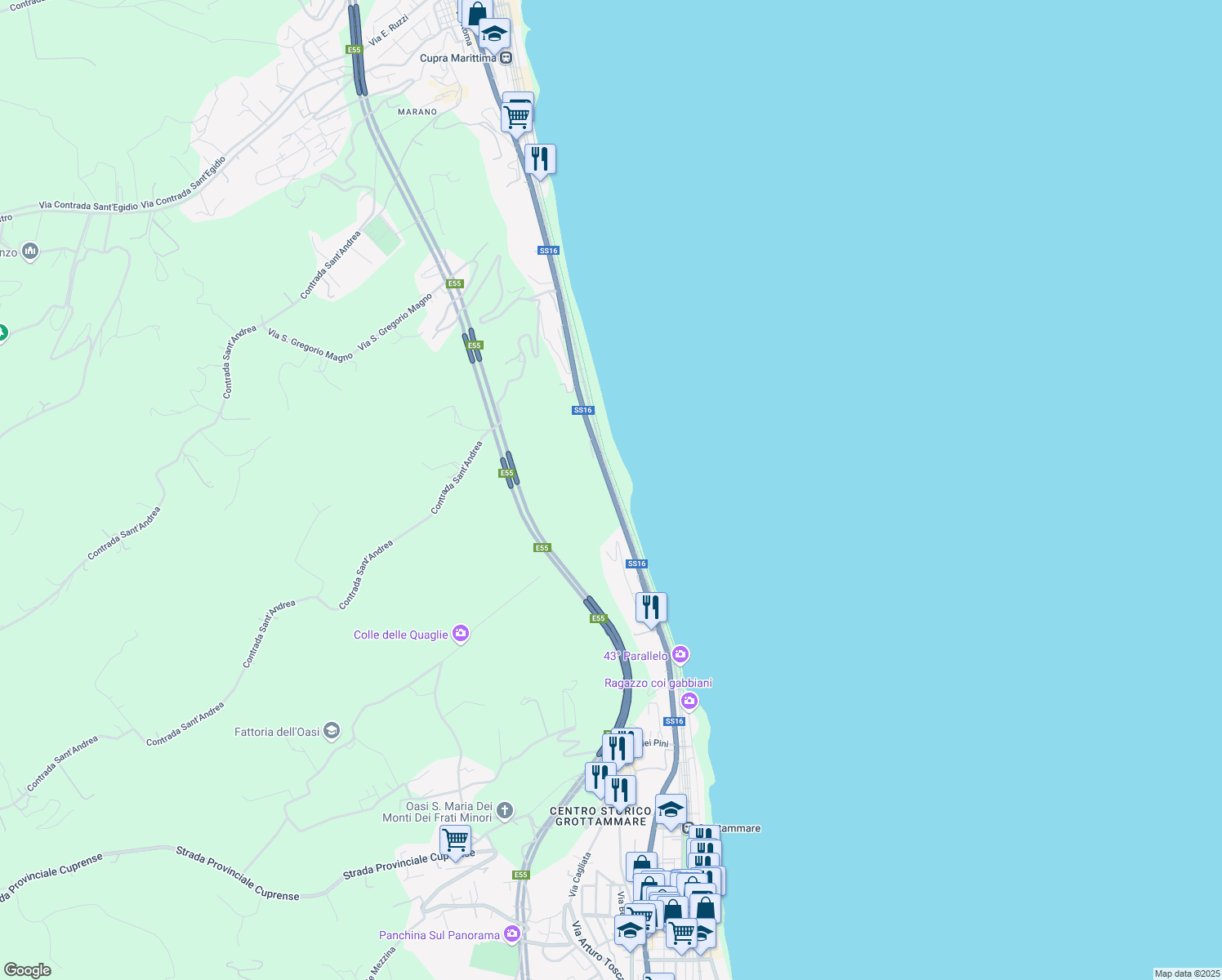 map of restaurants, bars, coffee shops, grocery stores, and more near 128 Strada Statale 16 in Grottammare
