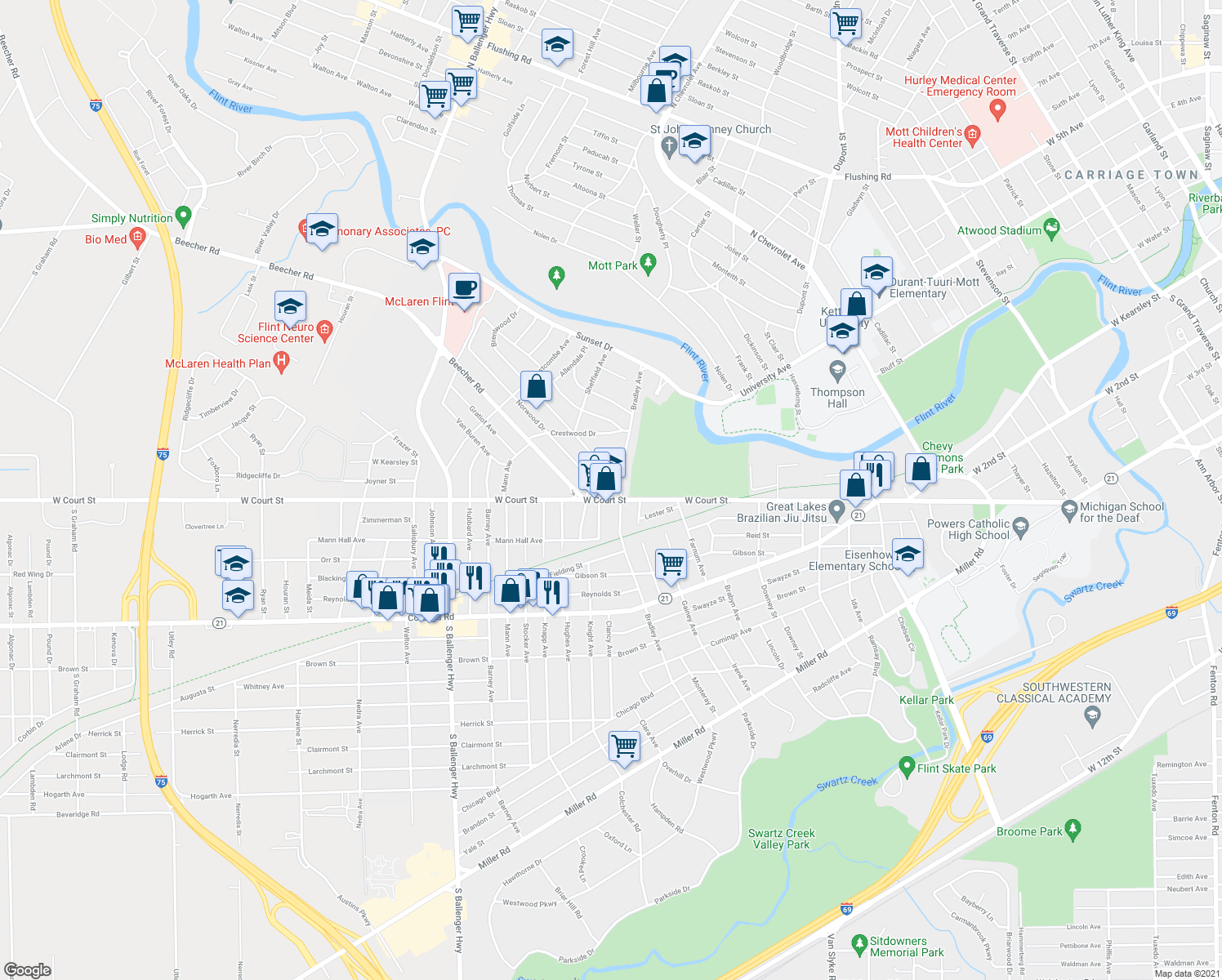 map of restaurants, bars, coffee shops, grocery stores, and more near 2710 West Court Street in Flint