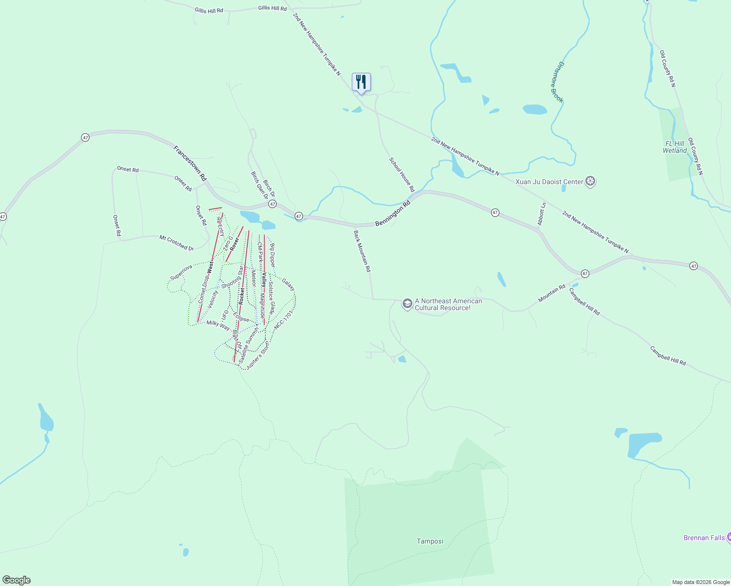 map of restaurants, bars, coffee shops, grocery stores, and more near 19-29 Back Mountain Road in Francestown