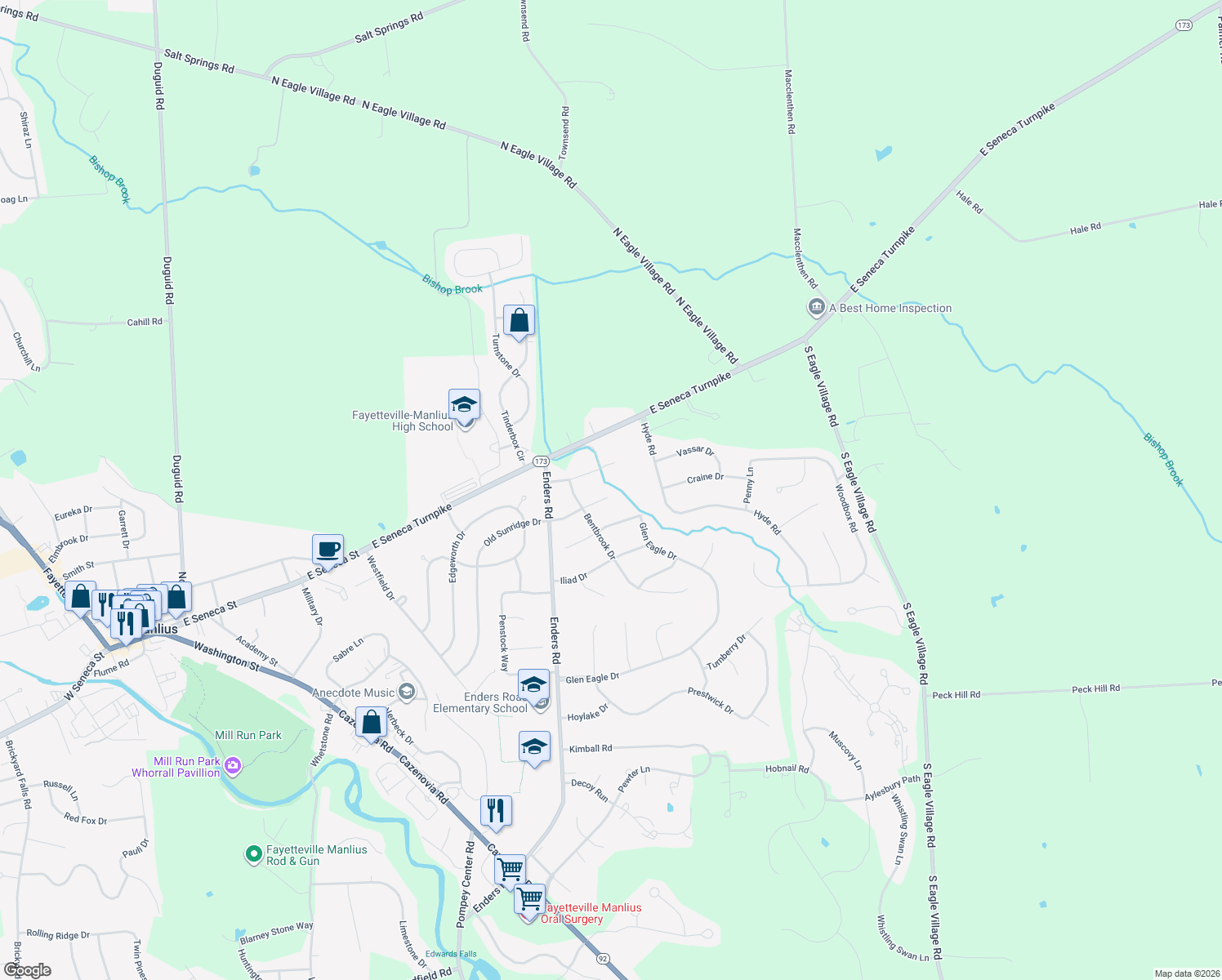 map of restaurants, bars, coffee shops, grocery stores, and more near 8267 Drinkwater Lane in Manlius