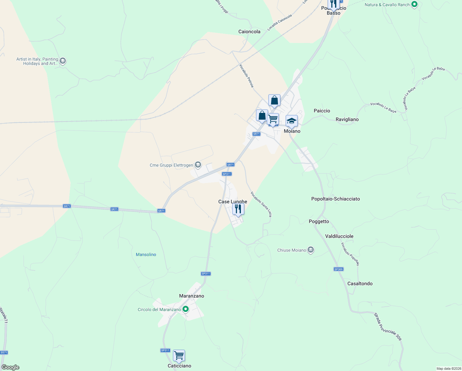 map of restaurants, bars, coffee shops, grocery stores, and more near 9 Via Cesare Pavese in Case Lunghe