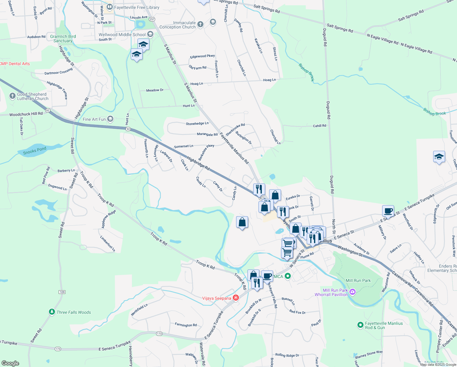 map of restaurants, bars, coffee shops, grocery stores, and more near 7586 Highbridge Road in Manlius