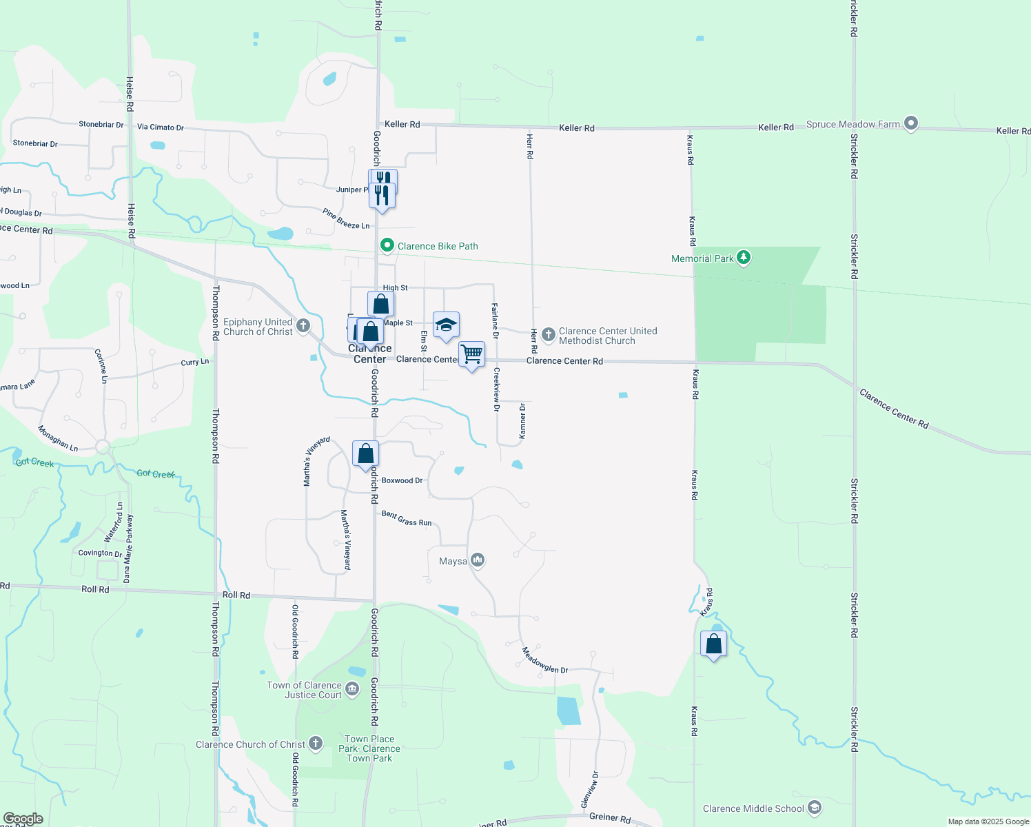 map of restaurants, bars, coffee shops, grocery stores, and more near 5912 Kamner Dr in Clarence Center