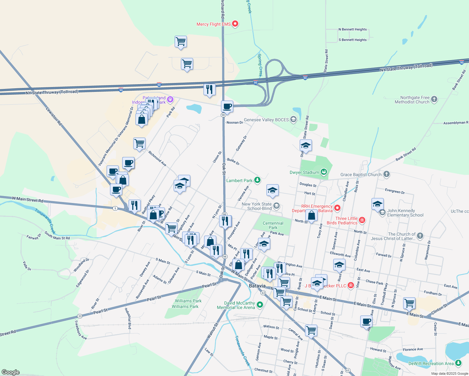 map of restaurants, bars, coffee shops, grocery stores, and more near 11 Pickthorn Drive in Batavia