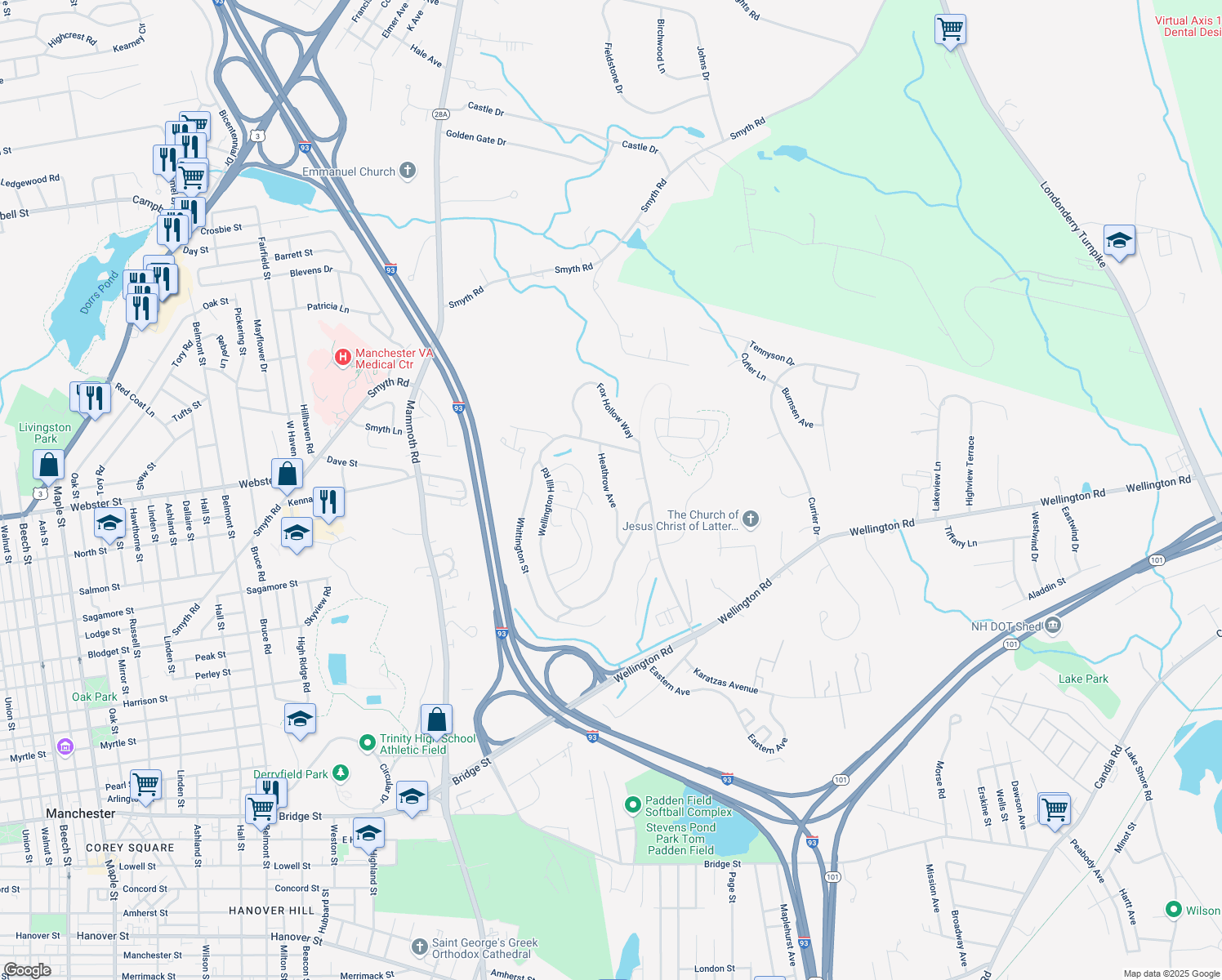 map of restaurants, bars, coffee shops, grocery stores, and more near 139 Heathrow Avenue in Manchester
